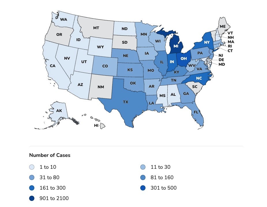This map shows cyclosporiasis cases that have been confirmed by the Centers for Disease Control and Prevention. The states with the highest number of cases are shown in the dark blue, the least number of cases are in lighter blue and no cases are in grey. The agency’s data is lagging behind state counts