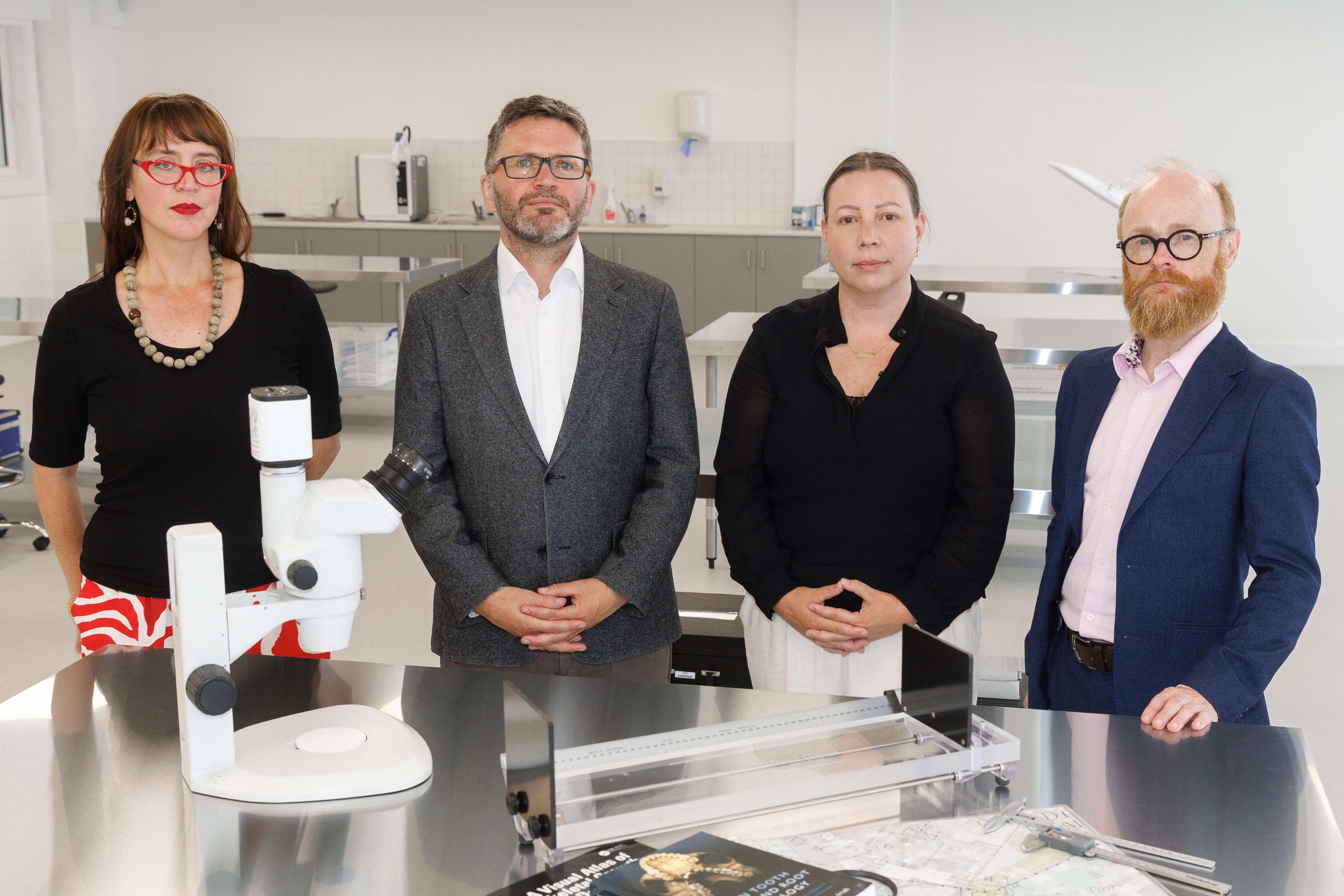 (left to right) Forensic Laboratory Coordinator, Allysha Powanda Winburn, Director of ODAIT, Daniel MacSweeney, Forensic Archaeologist Niamh McCullagh, and Forensic Program Manager Oran Finegan during a media visit to the Office of the Director of Authorised Intervention, Tuam (ODAIT) new Toghermore Forensic Facility and Mortuary, in Co Galway