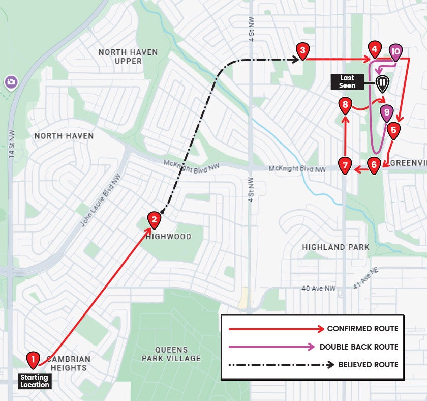 Police tracked Parker's movement using surveillance footage (map released July 21) (Calgary Police Service)