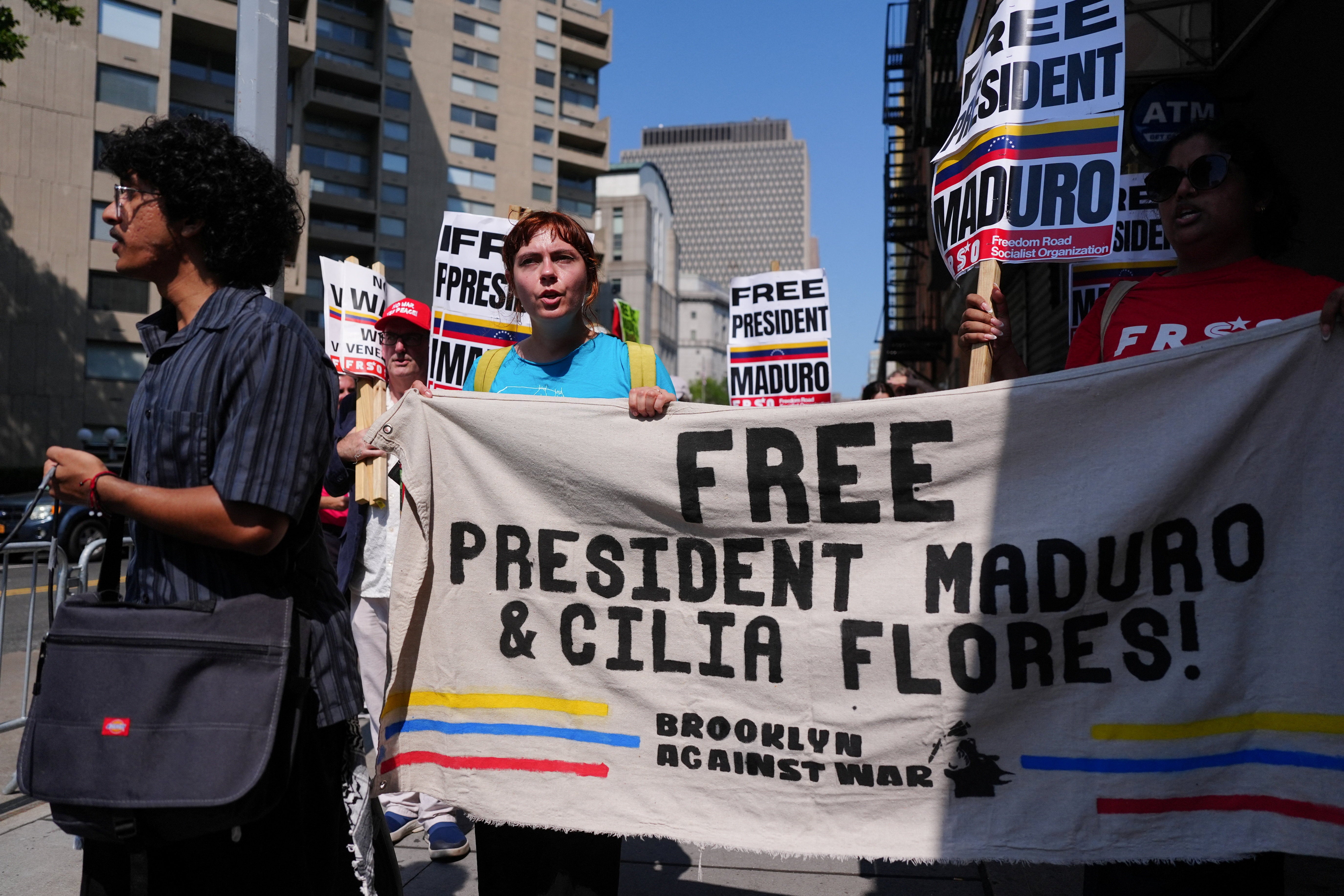 Demonstrators demanding the release of ousted Venezuelan President Nicolas Maduro and his wife Cilia gather outside the New York City court