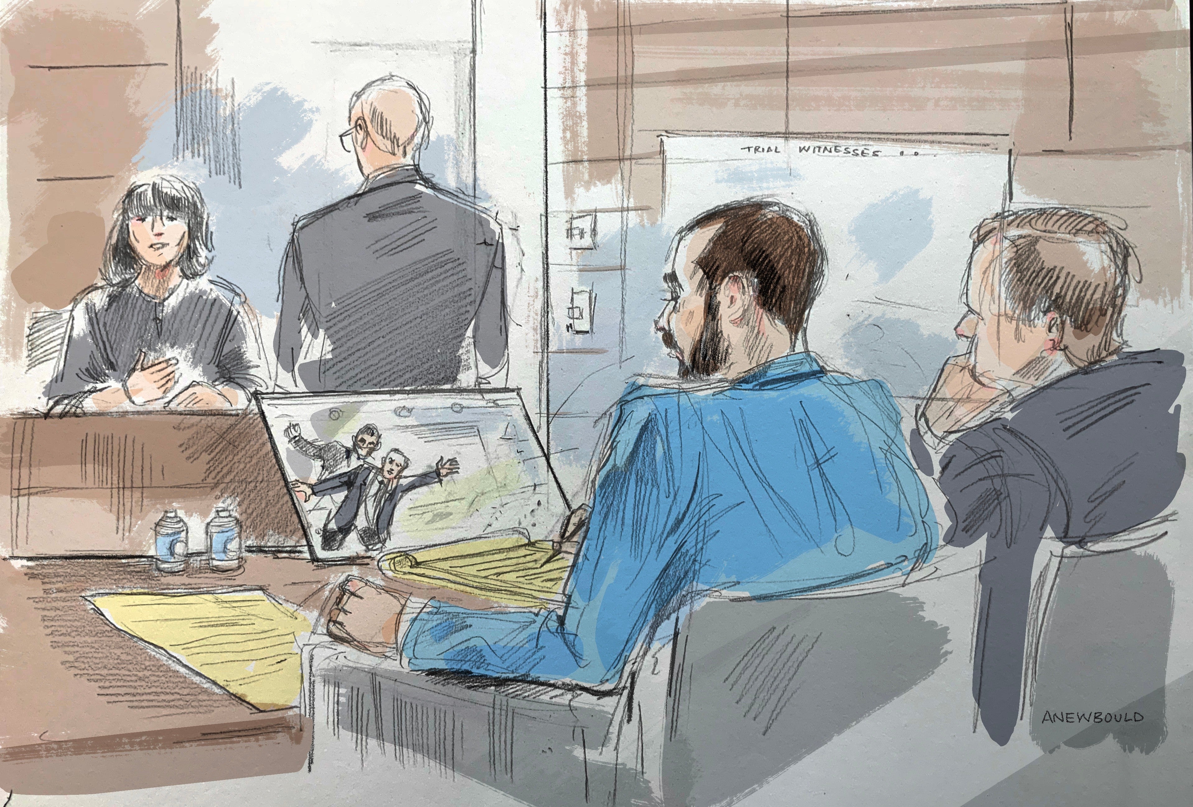 A courtroom sketch shows Matar seated with his lawyer's co-council as a witness describes video of the attack on Salman Rushdie