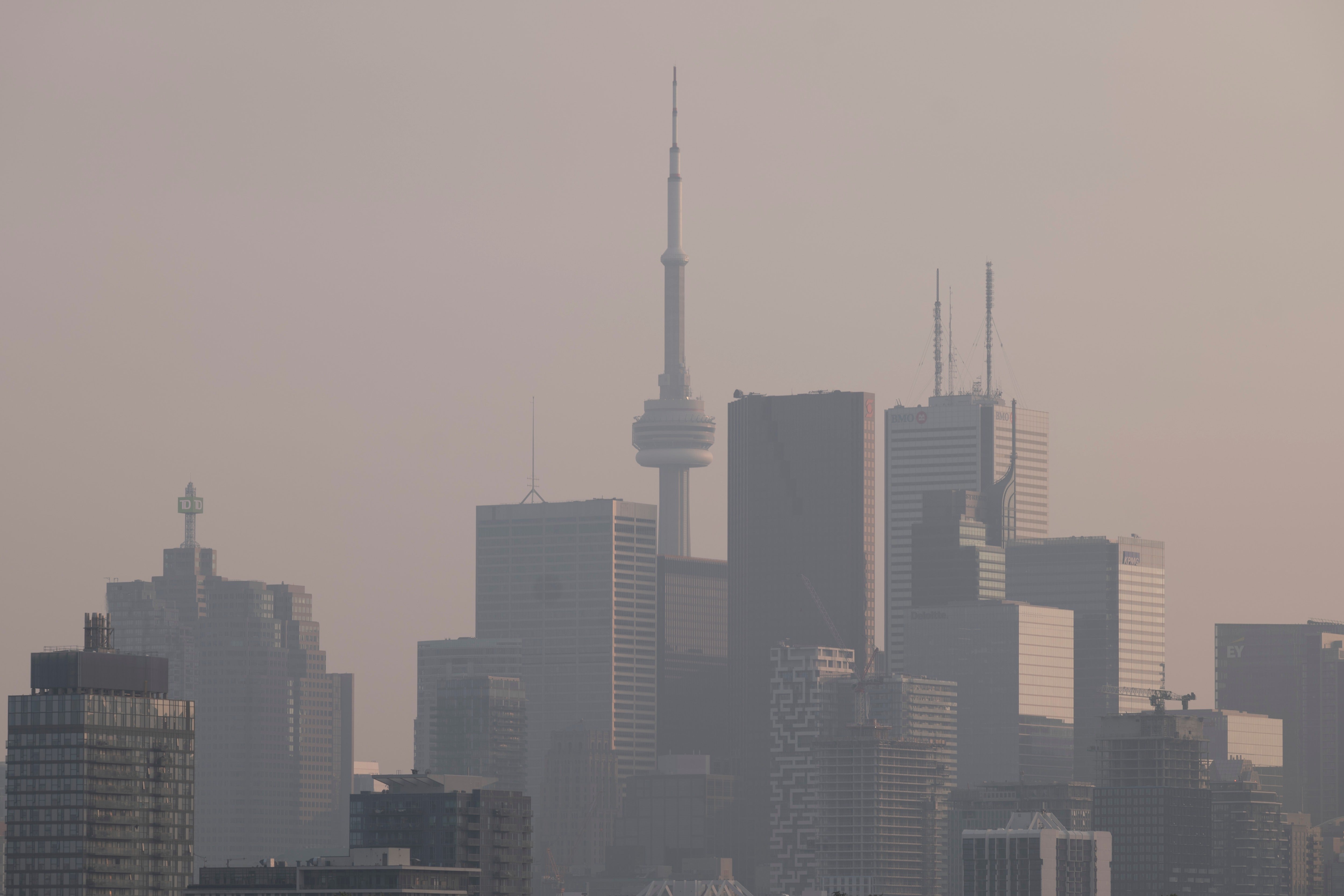 Smoke from wildfires in the provinces of Quebec and Nova Scotia is seen on June 28, 2023 in Toronto, Canada