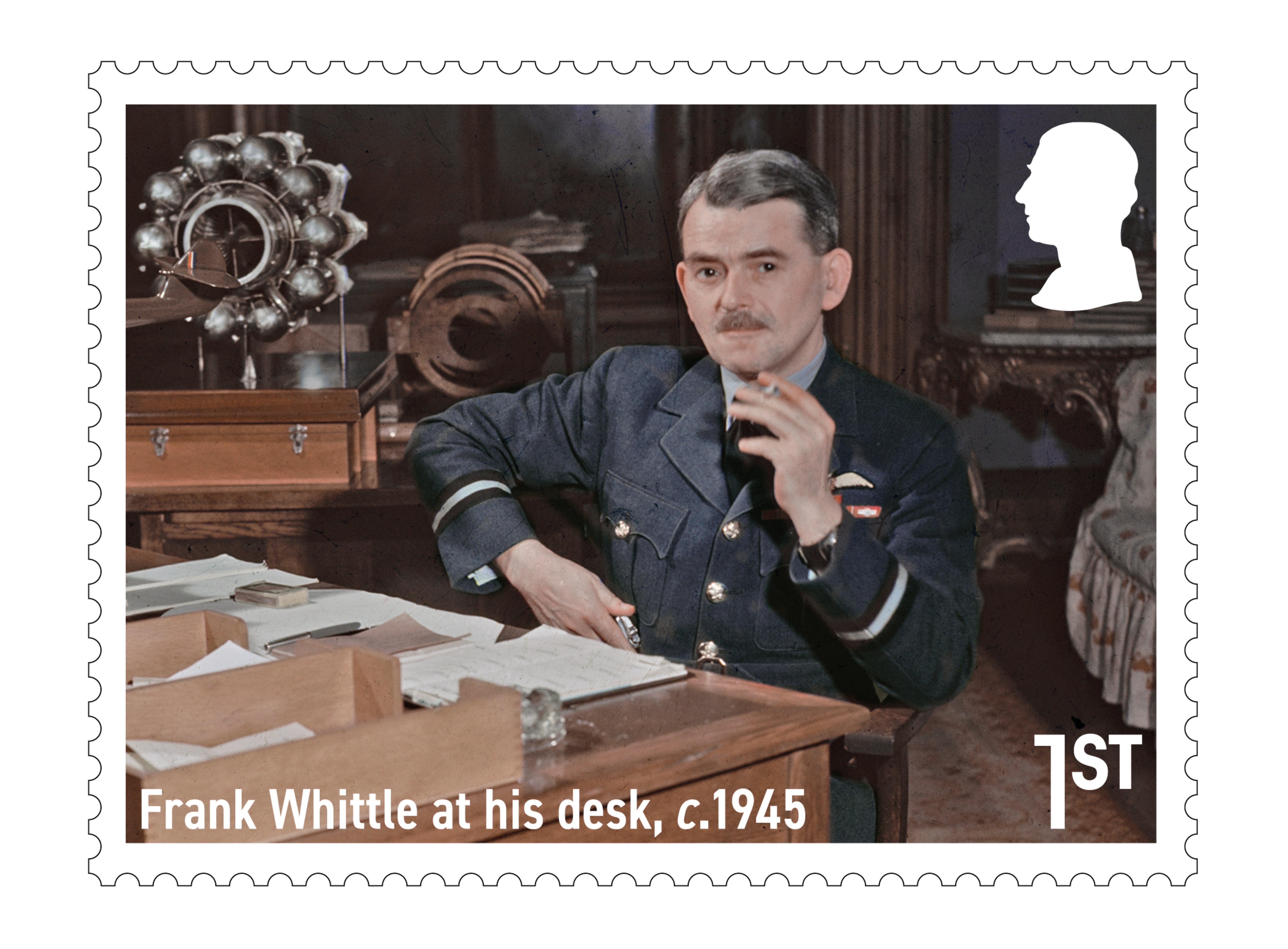 Sir Frank Whittle at his desk features on one of the stamps (Royal Mail/PA)