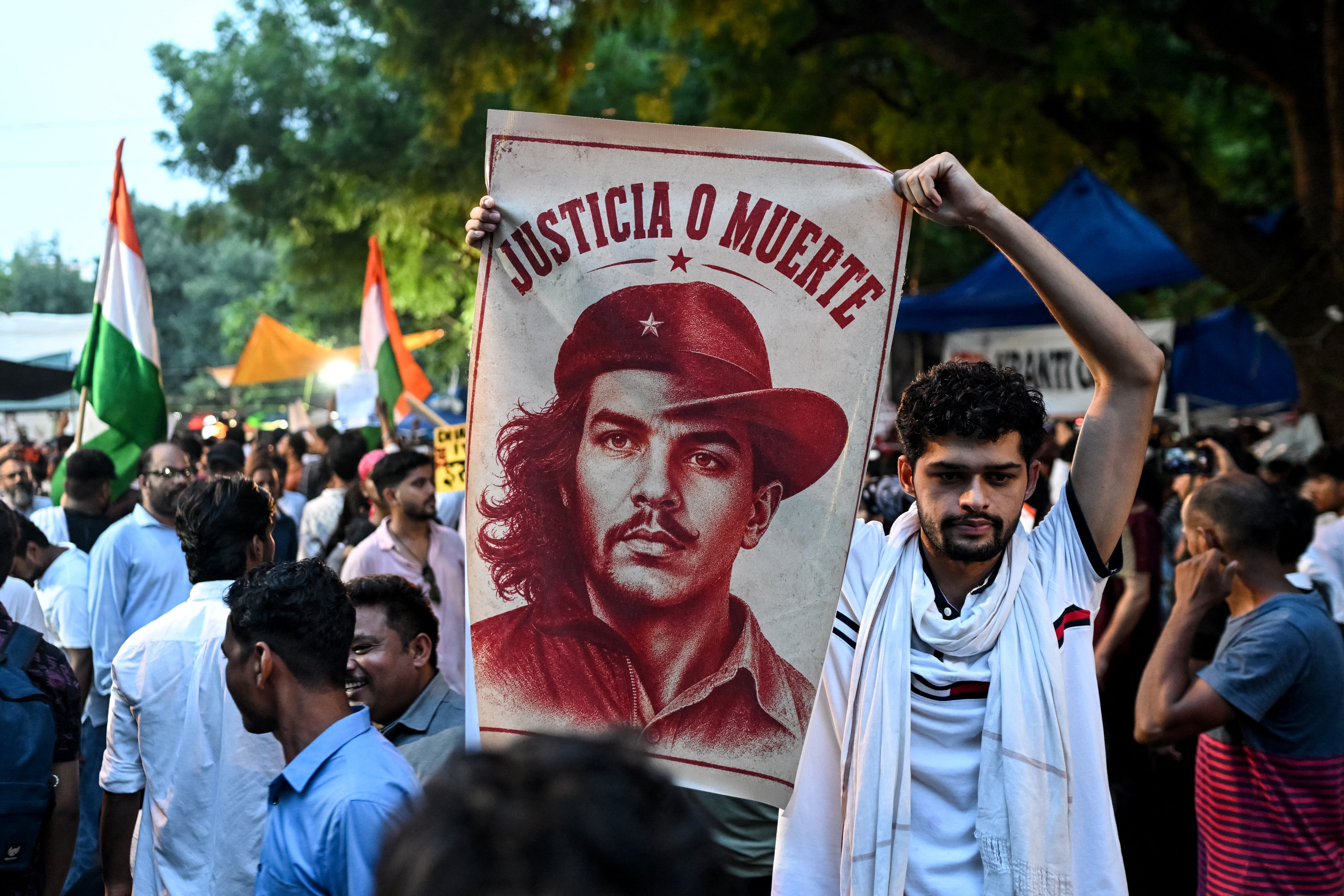 A Cockroach Janta Party (CJP) supporter shows a poster depicting revolutionary leaders Argentina's Ernesto 'Che' Guevara and India's Bhagat Singh during the ongoing protest at the Jantar Mantar in New Delhi (AFP/Getty)
