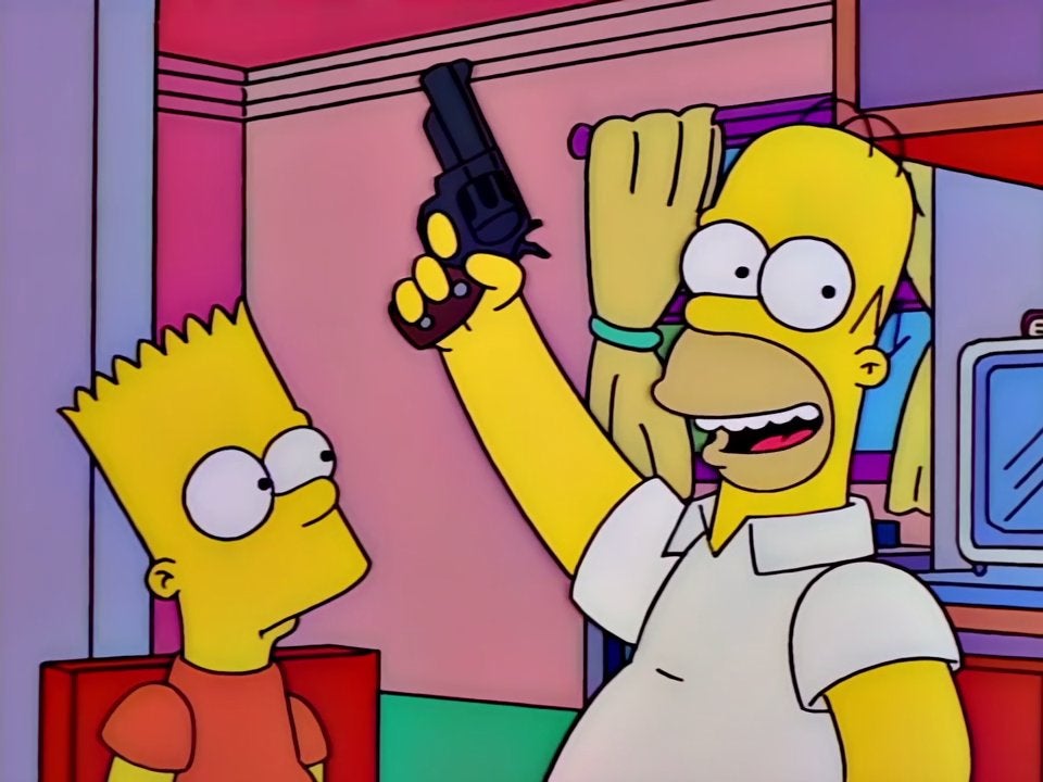 The season nine episode 'The Cartridge Family' sees Homer purchase a firearm (Fox)