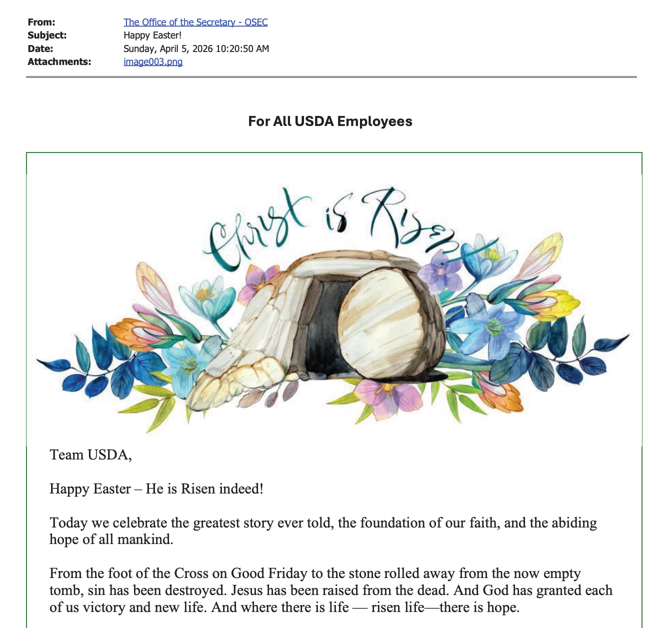 Rollins sent an email to all USDA employees to commemorate Easter on April 5