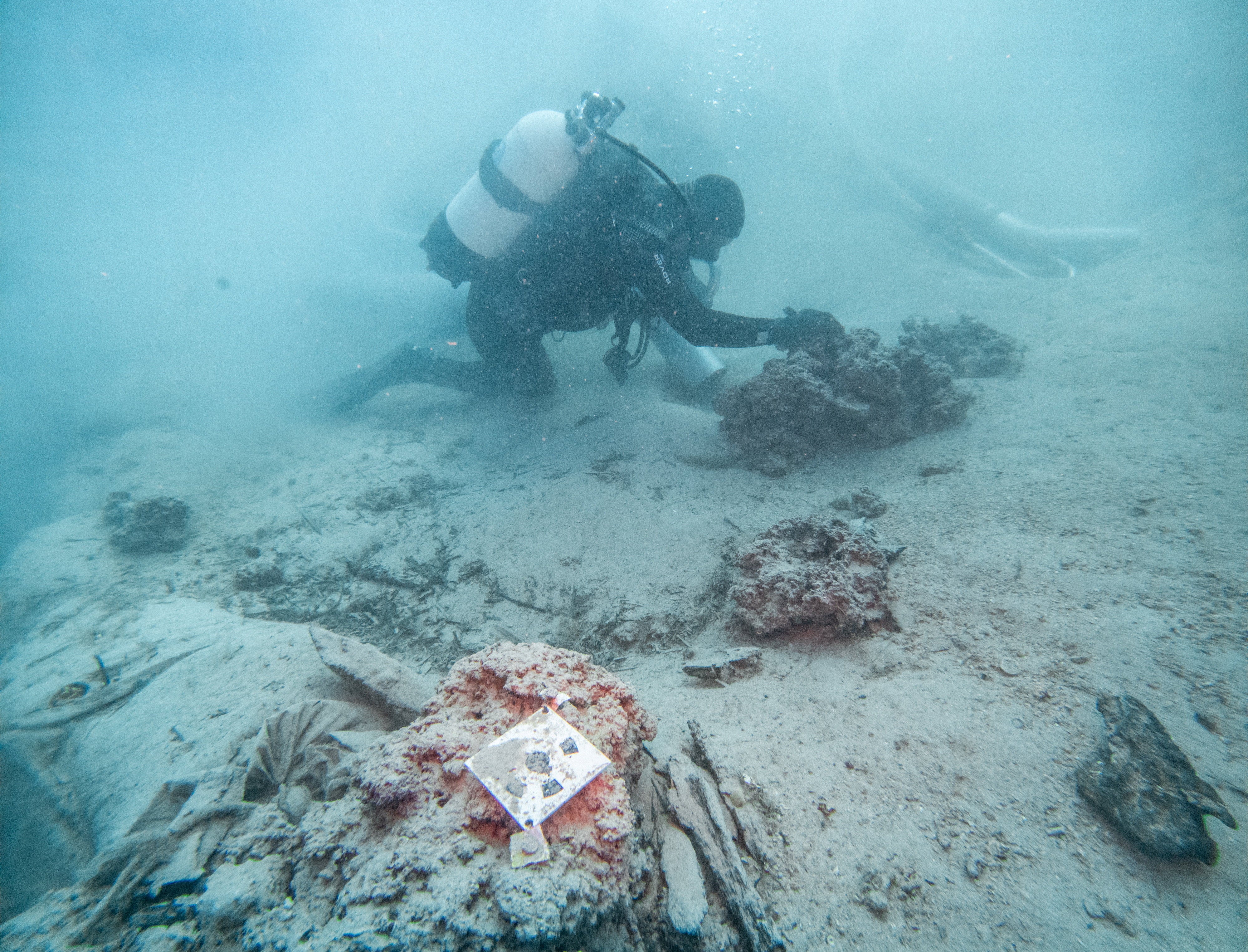 An underwater archaeologist works at the shipwreck