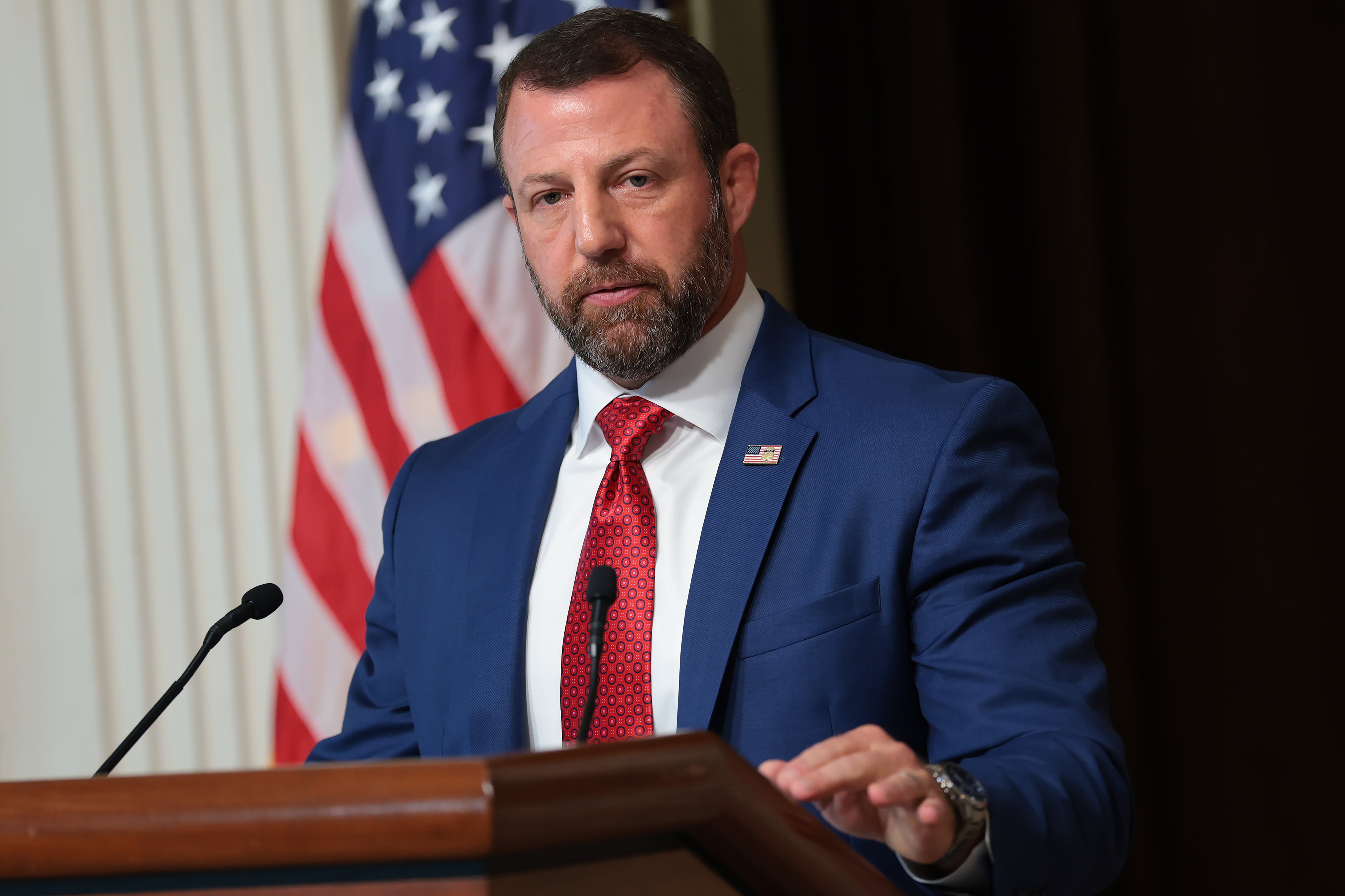 Mullin, pictured, and Schroyer became friends while Schroyer ran the security detail at Mullin’s Oklahoma home when he was a U.S. senator (Getty)