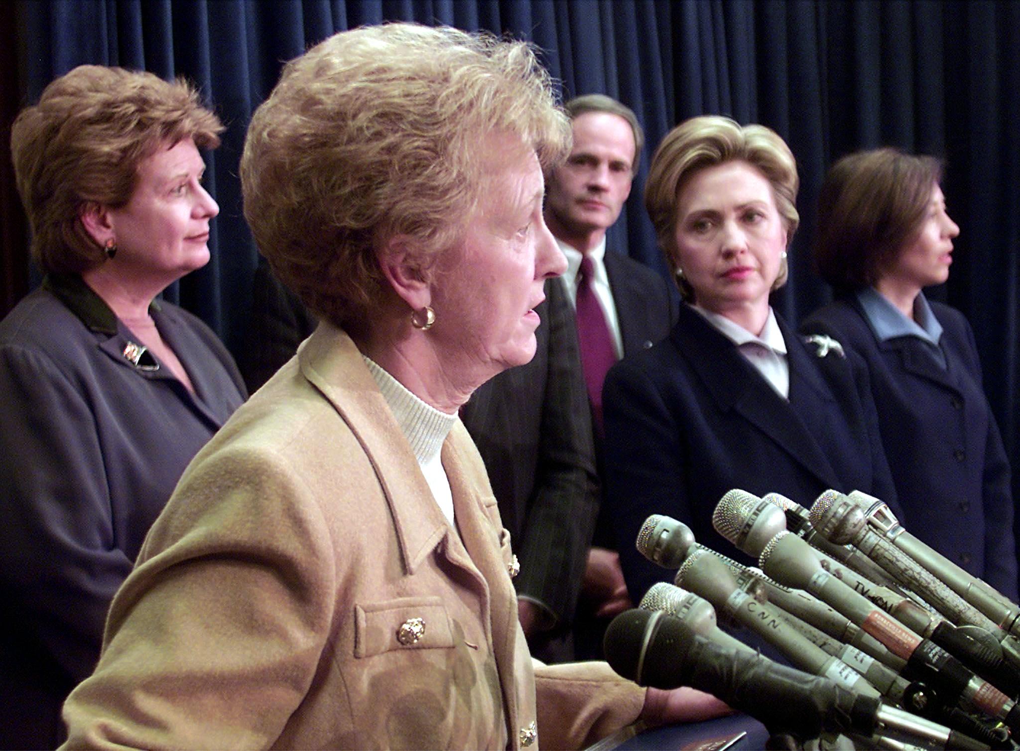 In 2000, Jean Carnahan was appointed to replace her husband, Mel Carnahan, who died in a plane crash shortly before the election in which he was posthumously elected. Pictured: US Senator-elect Jean Carnahan, Democrat of Missouri, speaks to the press in December 2000