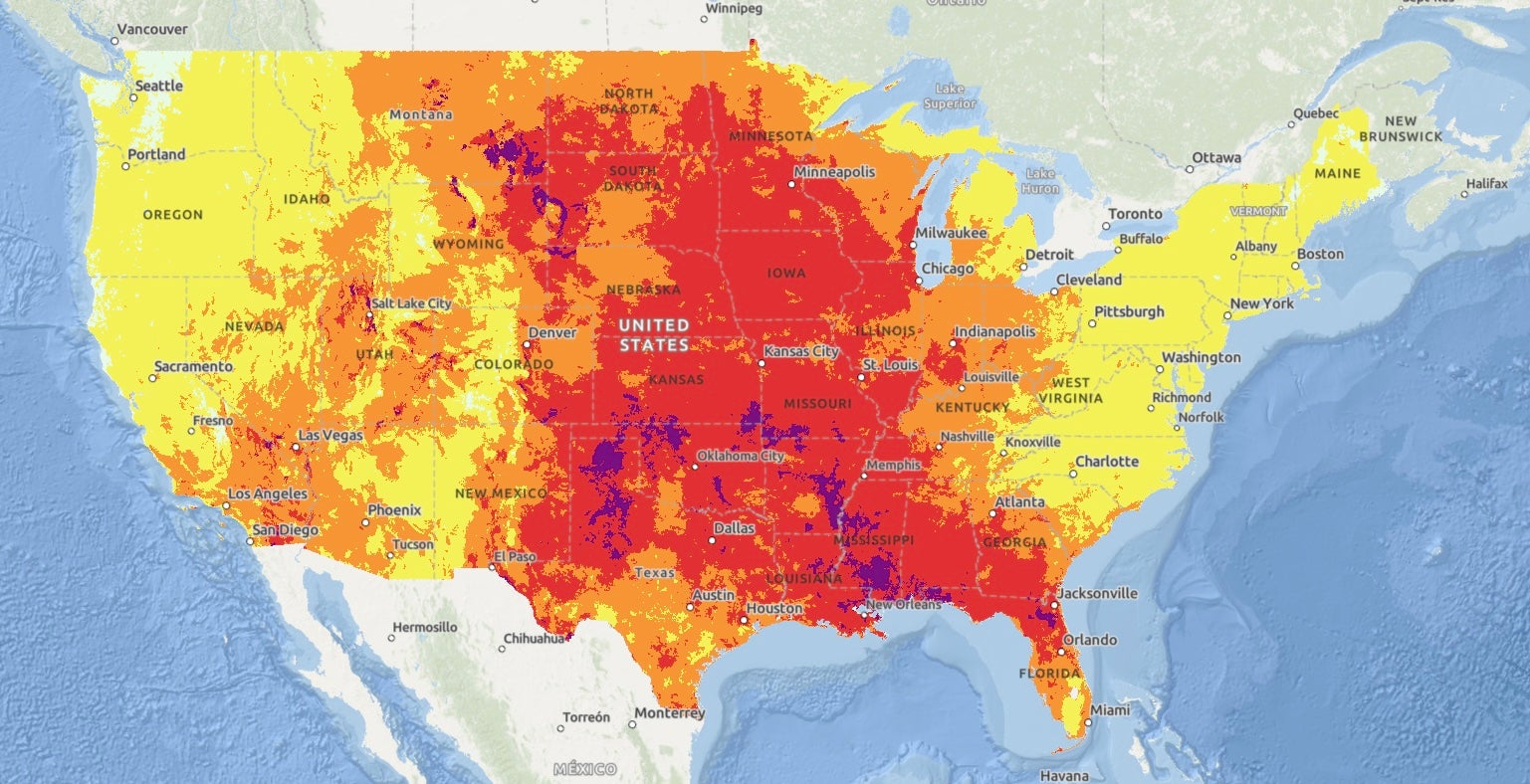 This National Weather Service map shows where heat could be dangerous across the U.S. on Monday. The most extreme heat is shown in purple and red