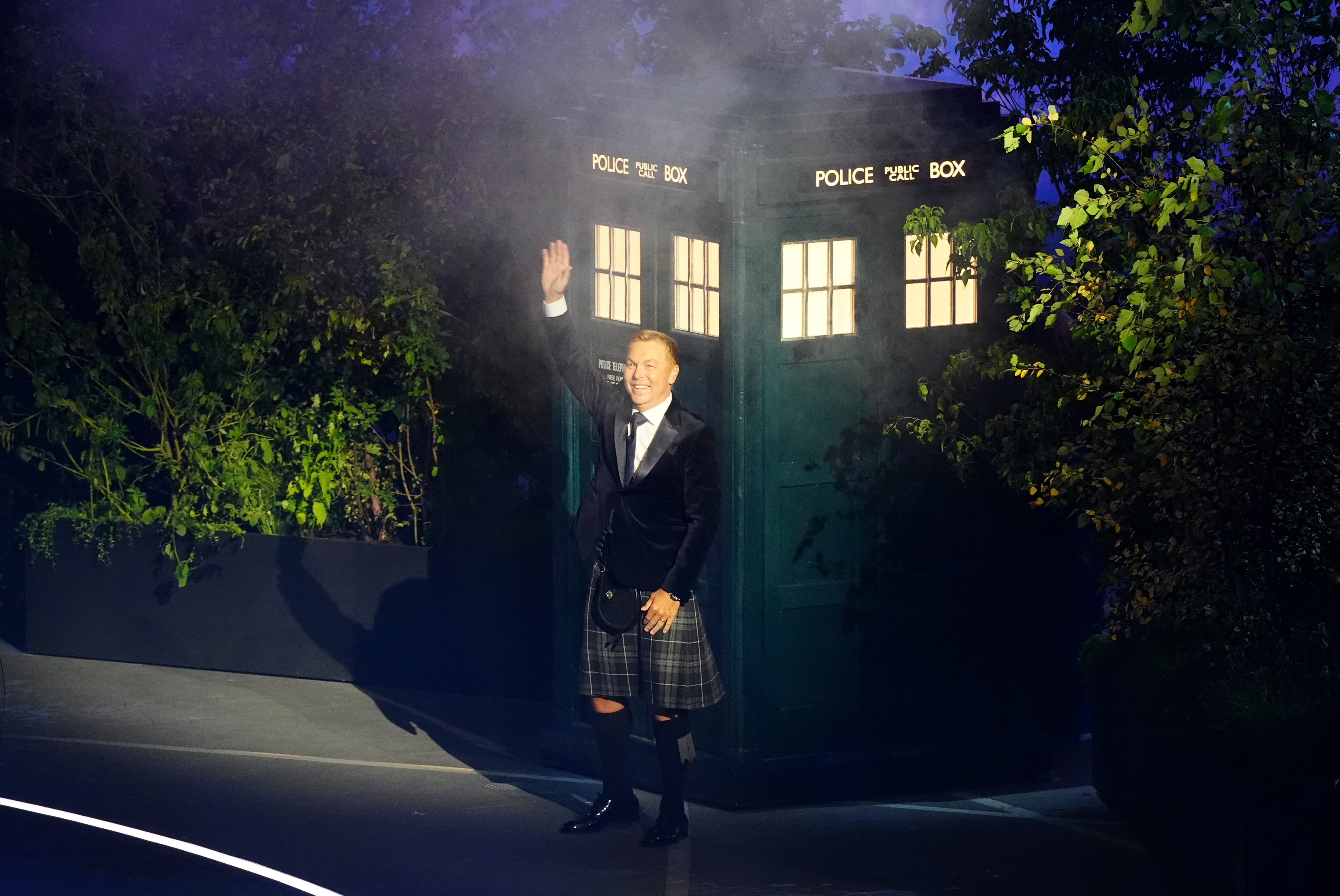 Sir Chris Hoy stepped out of the Tardis after a video was shown of it going across Scotland (Owen Humphreys/PA)