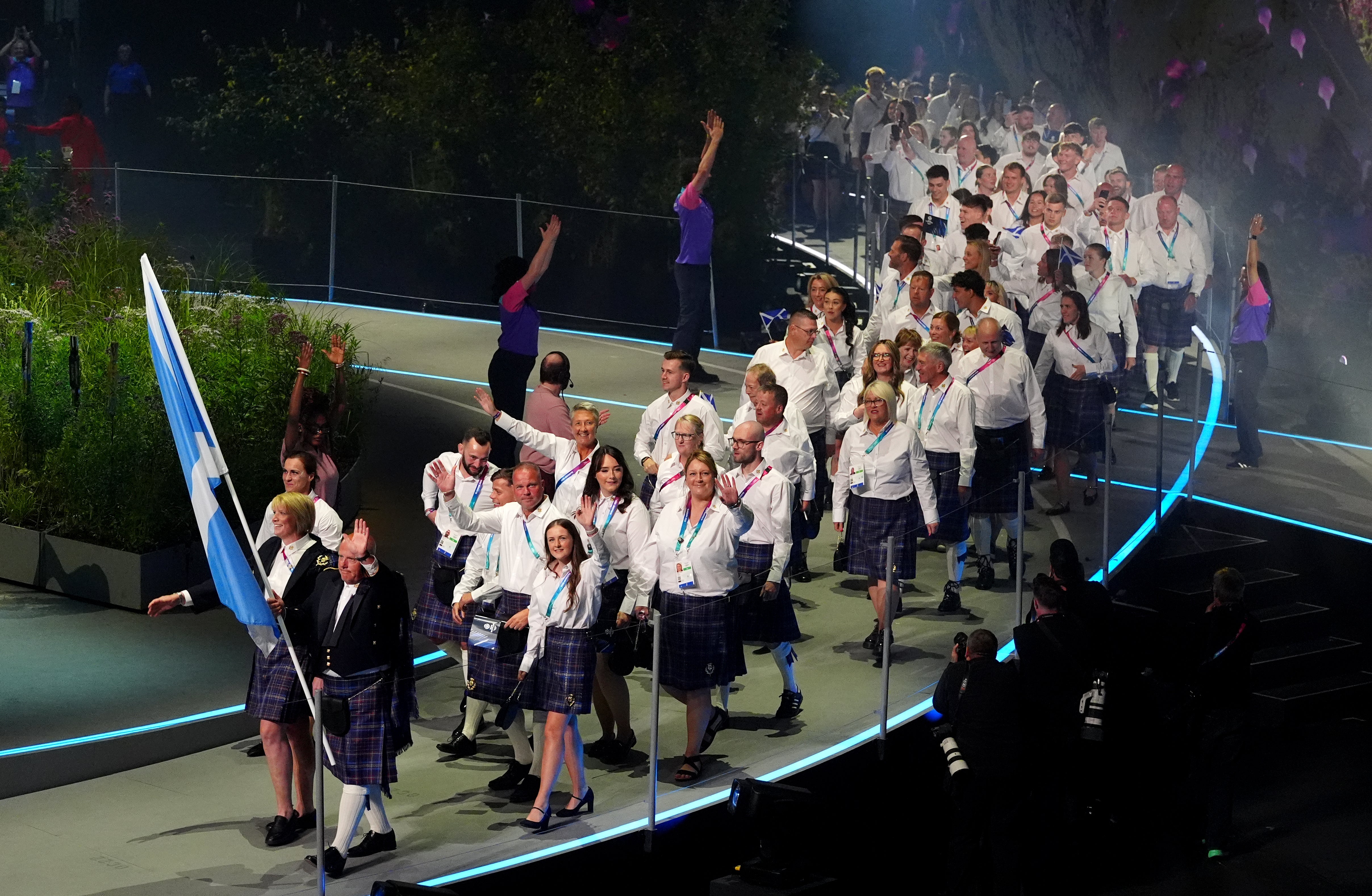 Lawn bowler Alex Marshall led the Scotland team out at the opening ceremony of the Commonwealth Games in Glasgow (Owen Humphreys/PA) (PA Wire)