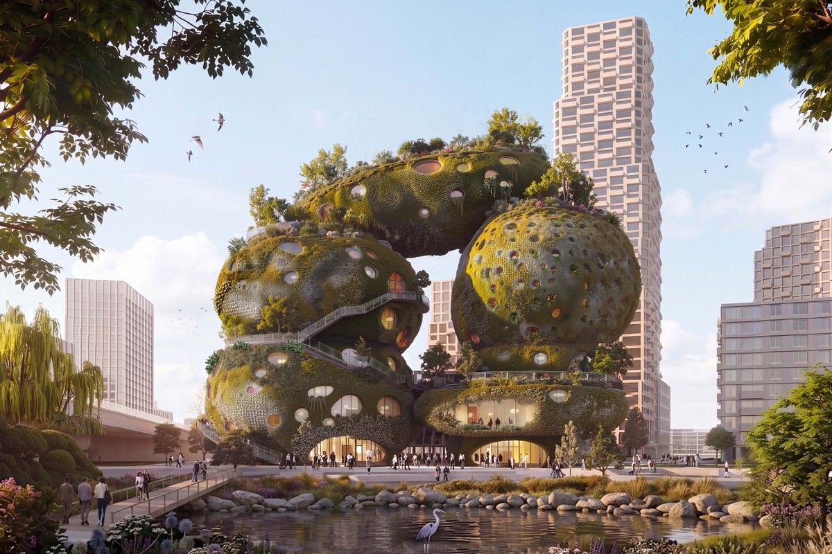 Tidal park elevation from MVRDV's Rotterdam Shift Embassy proposal showing terraced green architecture meeting the waterfront