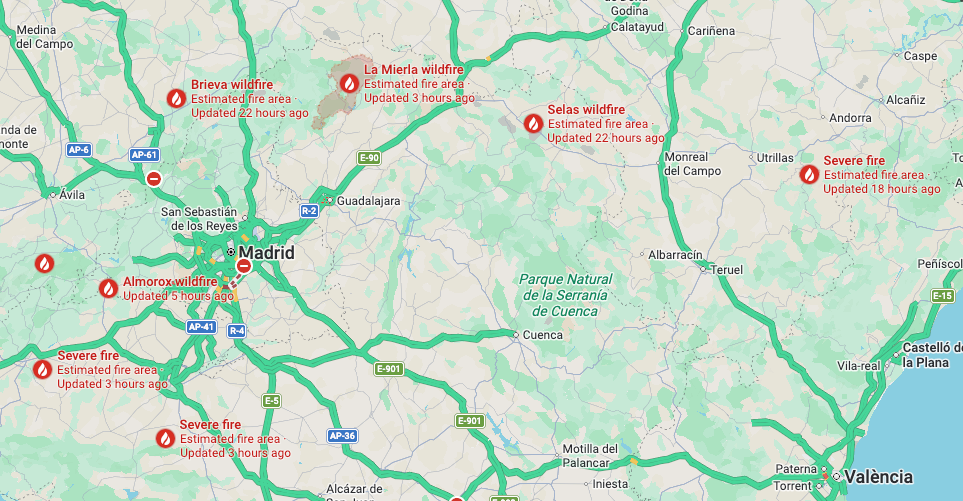 This map shows wildfire warning across Spain