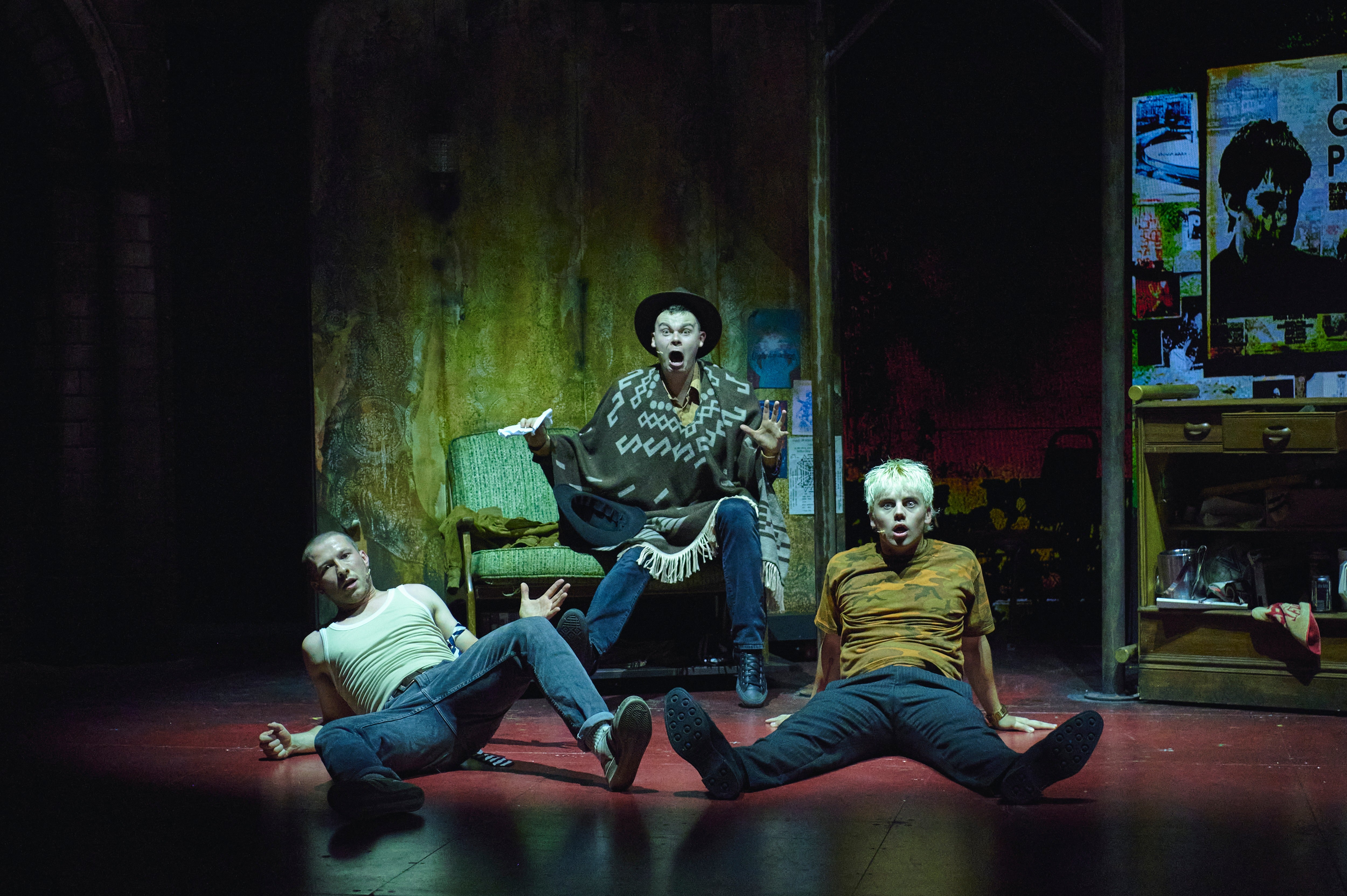 Lewis Kidd (Renton), Kieran Andrew (Spud), and Sheridan Townsley (Sick Boy) in ‘Trainspotting the Musical’ (Matt Crockett)