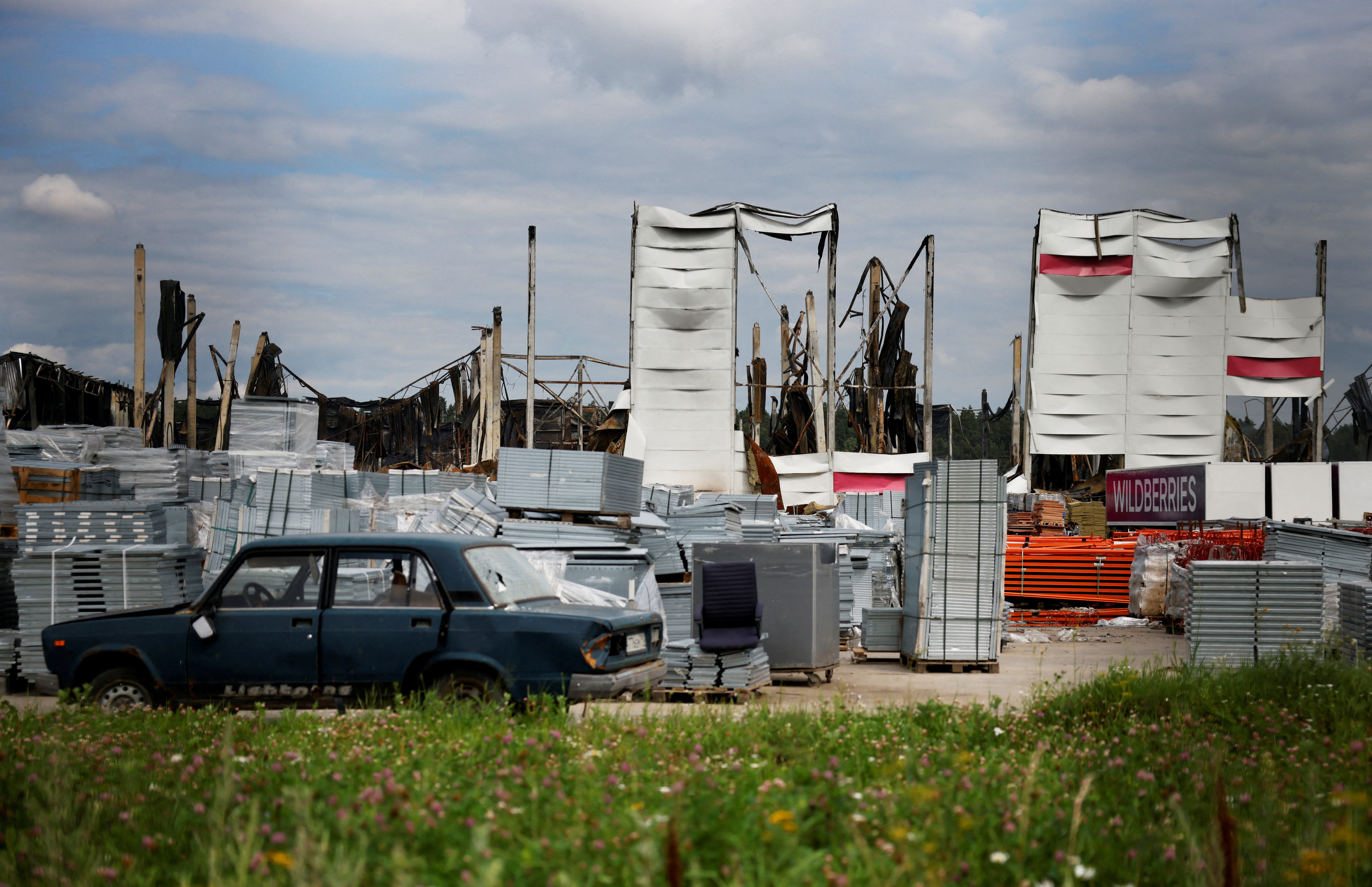 Remains of the Wildberries warehouse that burned down after a recent Ukrainian drone attack in the city of Elektrostal in the Moscow region (Reuters)