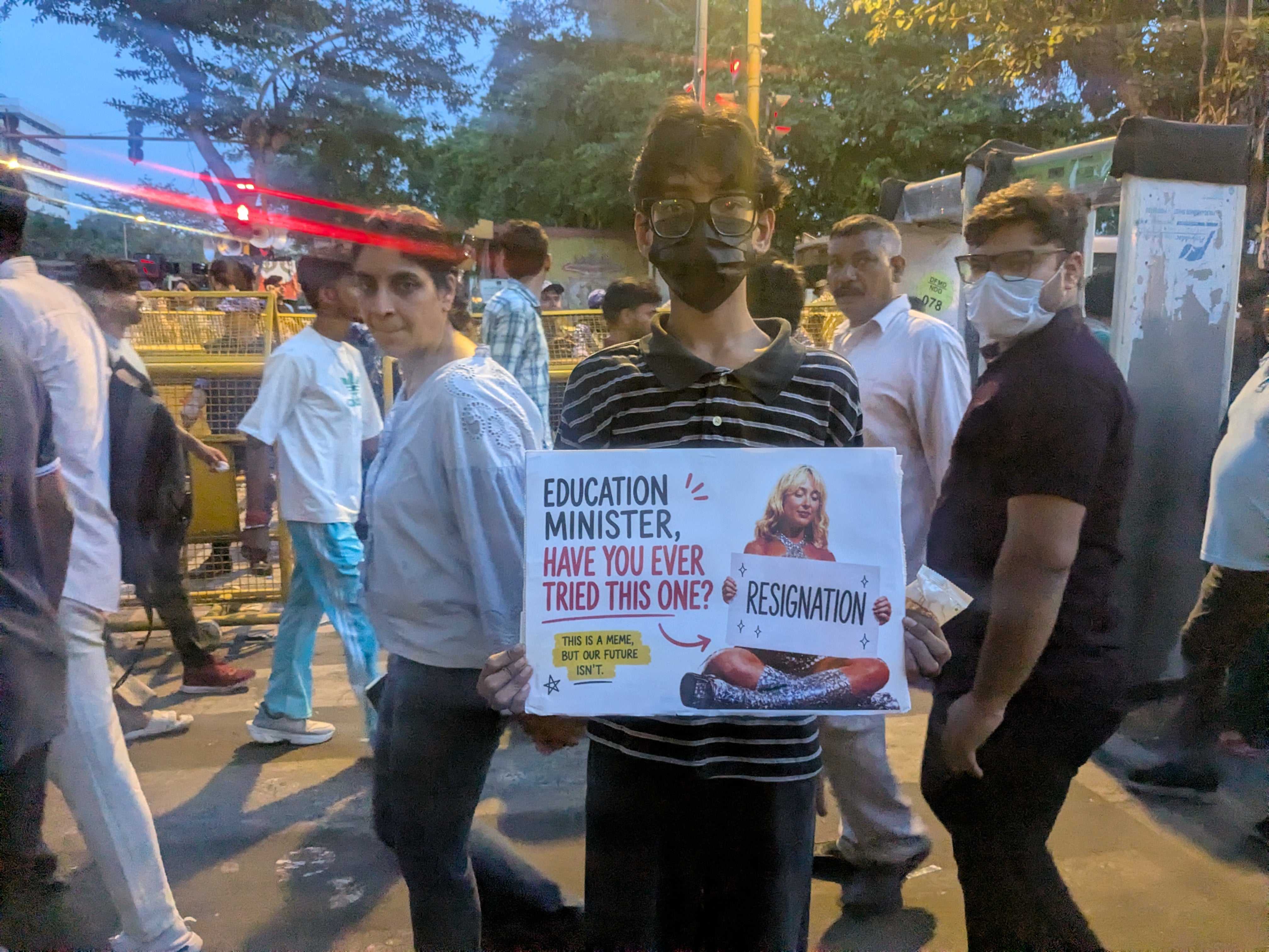 Protesters gather at Delhi's Jantar Mantar seeking the resignation of education minister Dharmendra Pradhan