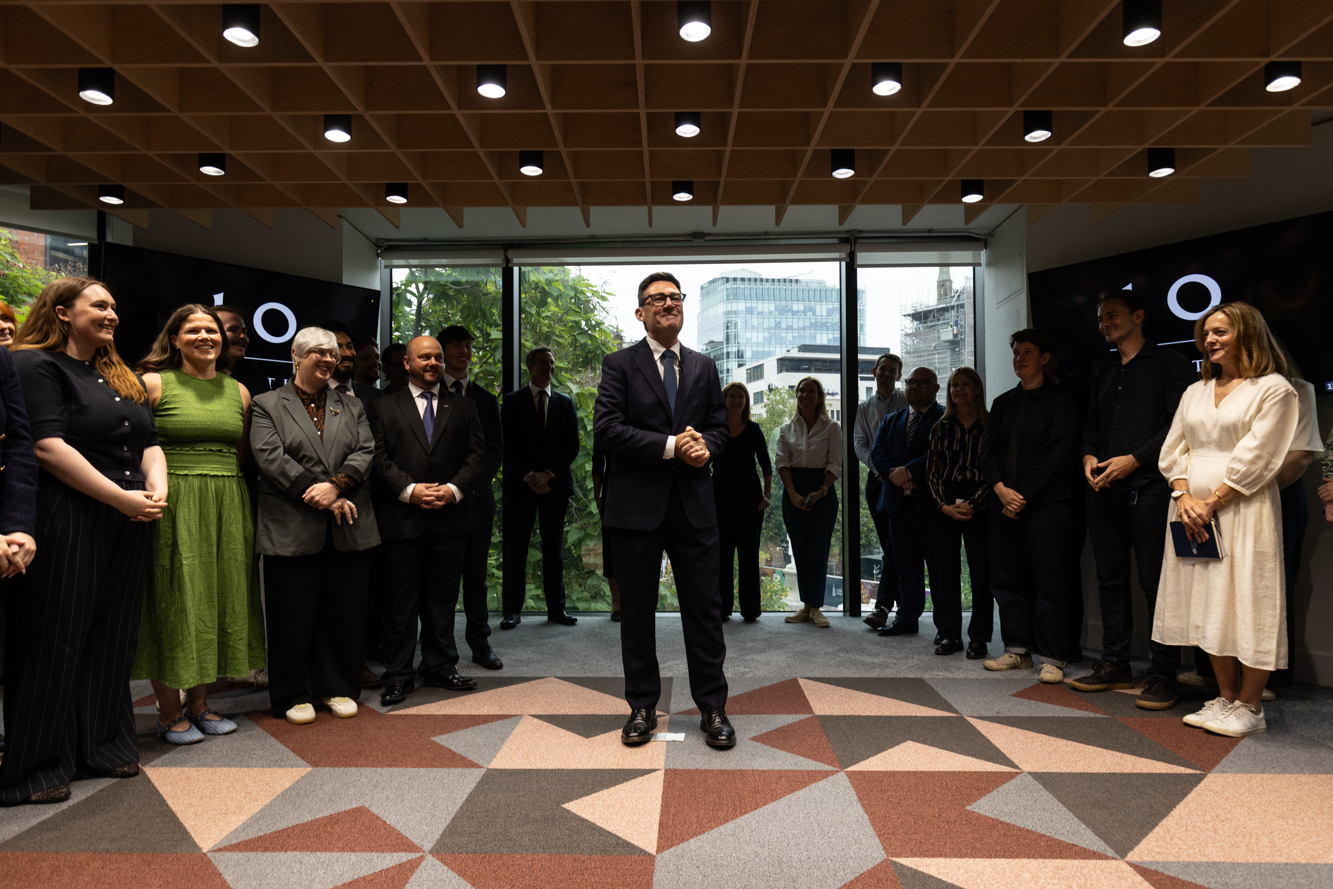 New Prime Minister Andy Burnham arrives and greets staff at No 10 North, located in Heron House, central Manchester (James Speakman/The Times/PA)