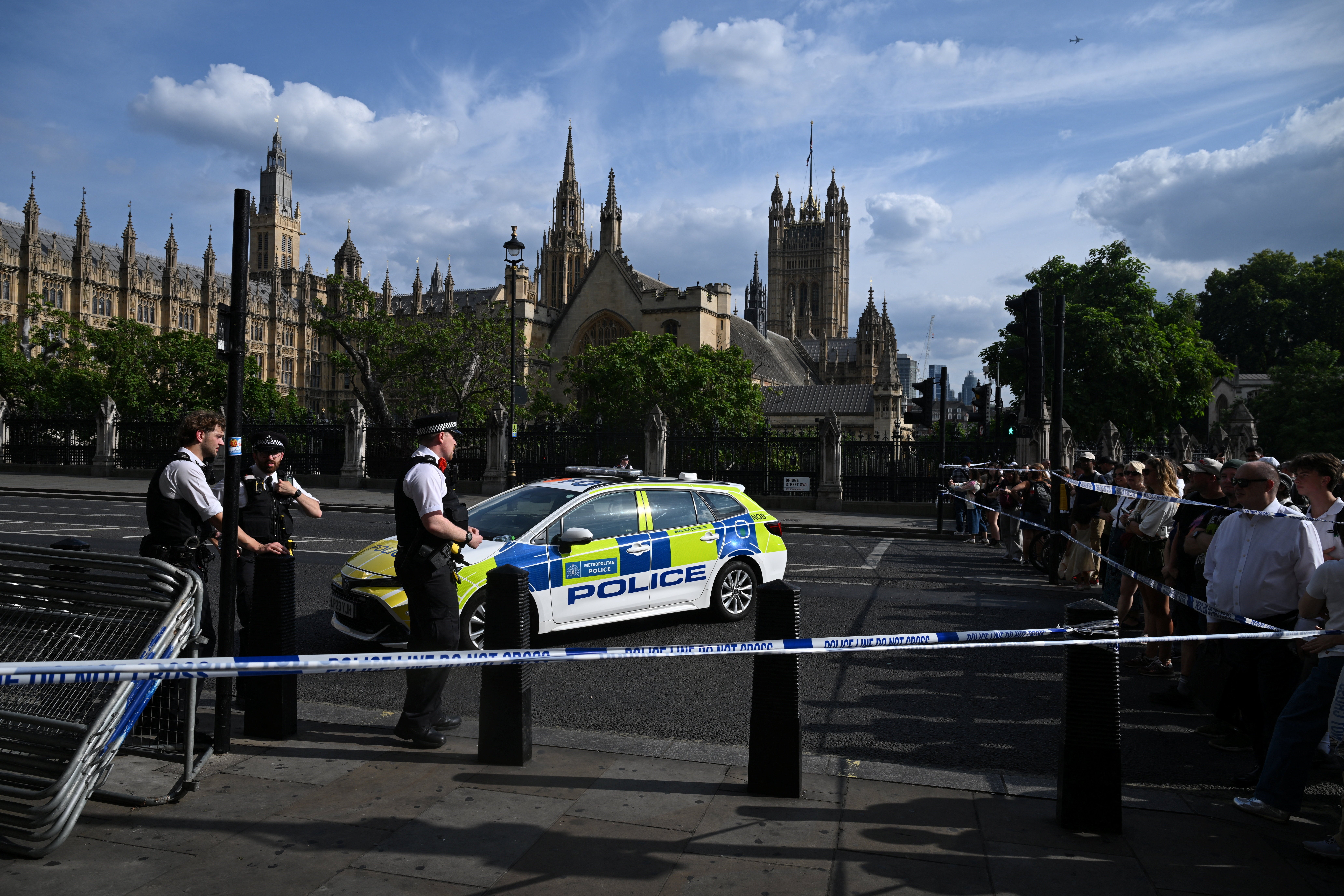 A police cordon near the site where a boat of the Metropolitan Police's Marine Policing Unit (MPU) struck Westminster Bridge