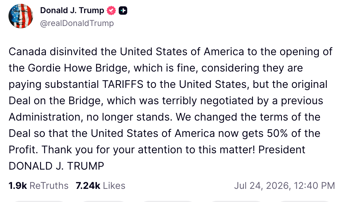 'Canada disinvited the United States of America to the opening of the Gordie Howe Bridge, which is fine, considering they are paying substantial TARIFFS to the United States,' Trump wrote on Friday afternoon
