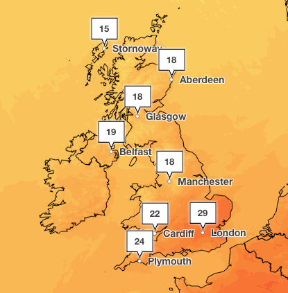 Met Office forecast temperatures will reach 29C on Saturday in London