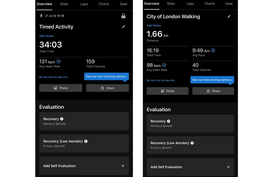 I set the cirqa to manually track my cardio class (left) and it automatically detected my lunchtime walk (right) (Sabrina Sahota/The Independent)