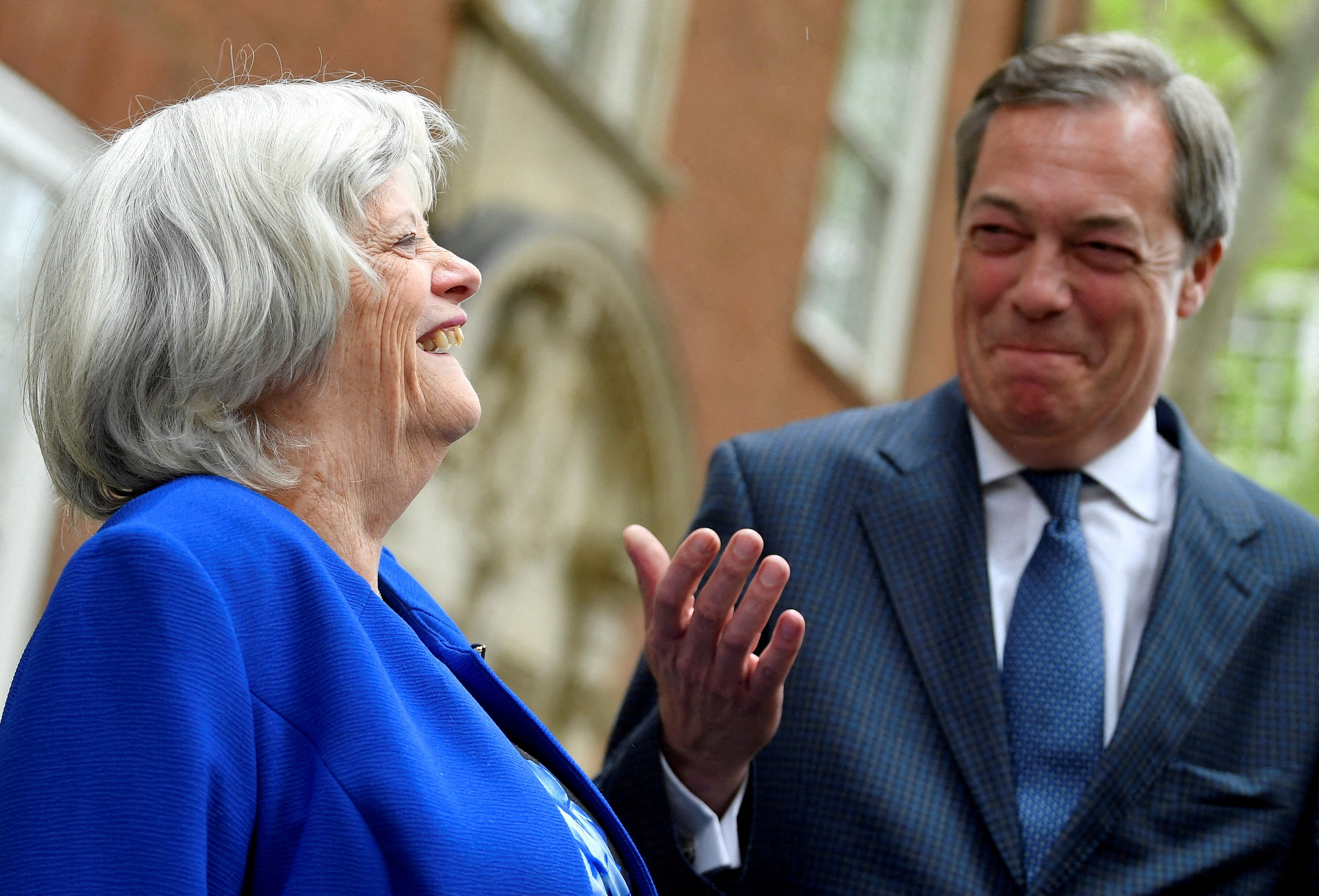 File: Brexit campaigner and Member of the European Parliament Nigel Farage and Anne Widdecombe pose for a photocall to promote her joining the ‘Brexit Party’ (Reuters)