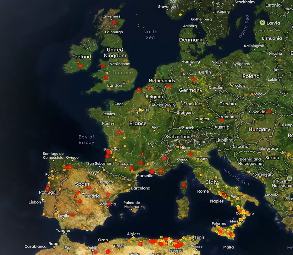 Map created by FireMap using data from NASA reveals where wildfire are across Europe