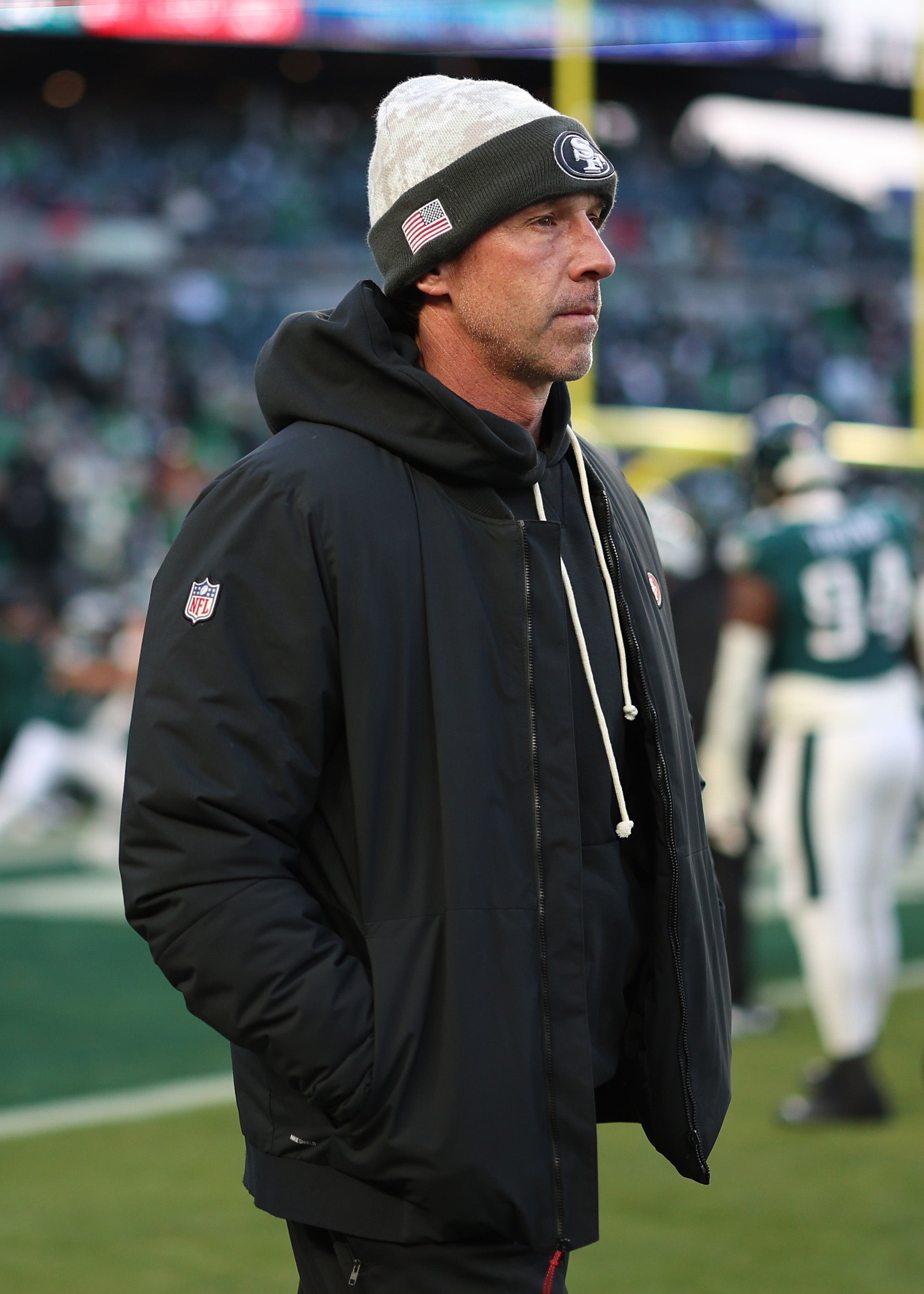 Head coach Kyle Shanahan of the San Francisco 49ers looks on before the NFC Wild Card Playoff game against the San Francisco 49ers at Lincoln Financial Field in January