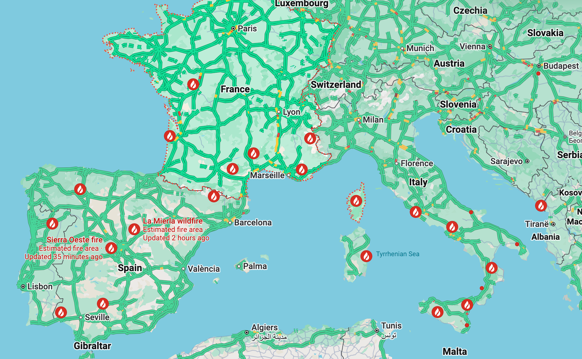 Wildfires across swathes of Spain, France and Italy