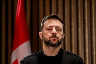 Ukrainian President Volodymyr Zelenskiy looks on during the G7 Leaders' Summit in Kananaskis, in Alberta, Canada, 17 June 2025