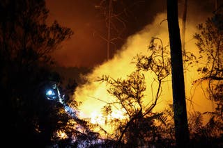 A firefighter works at the scene of a wildfire in Andernos-les-Bains in the Gironde department, amongst worsening drought conditions following a heatwave and water shortages across much of France, 26 July 2026