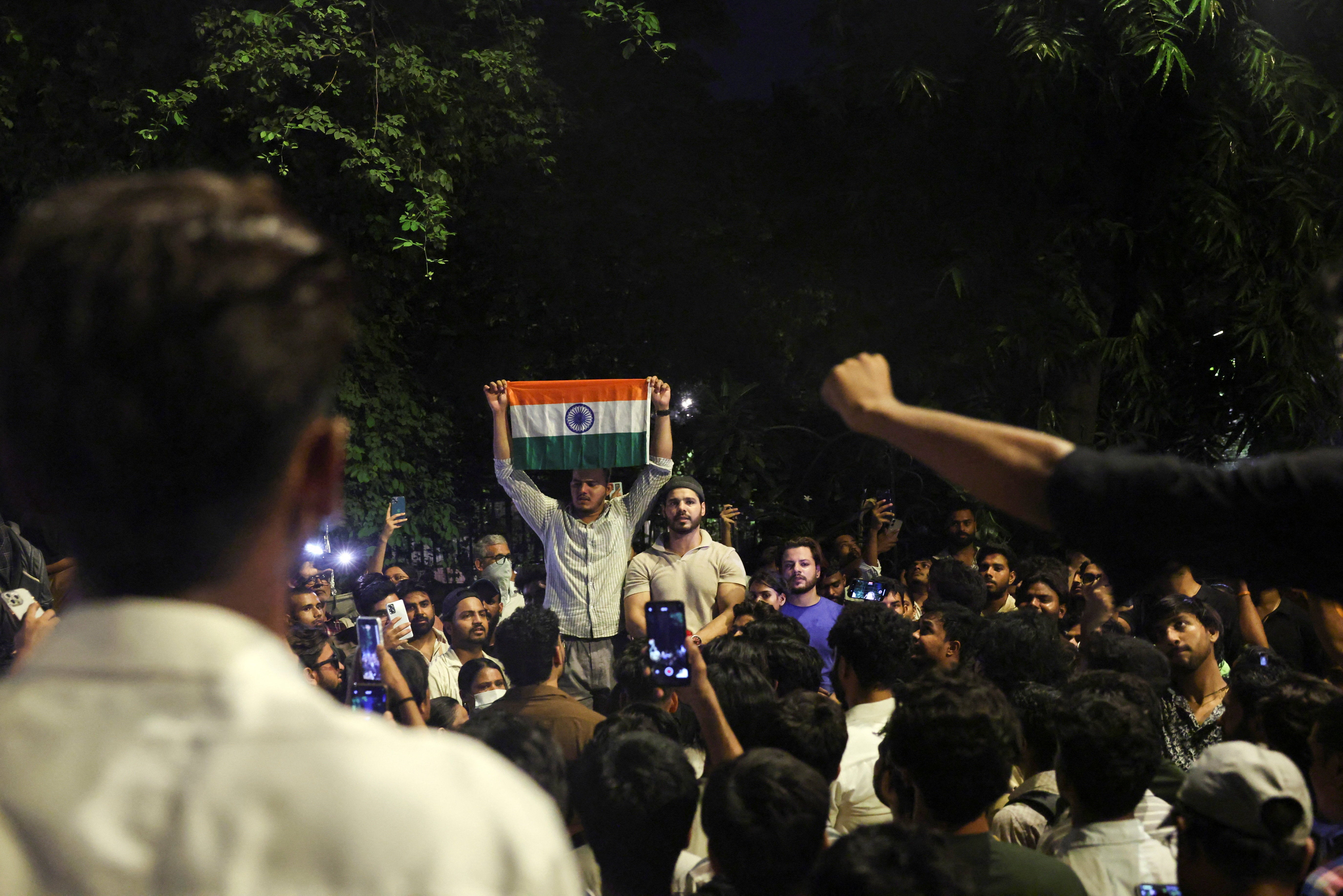 Cockroach Janta Party (CJP) supporters celebrate after the resignation of Education Minister Dharmendra Pradhan over National Eligibility cum Entrance Test (NEET) examination paper leaks, at Jantar Mantar in New Delhi, India, 25 July 2026