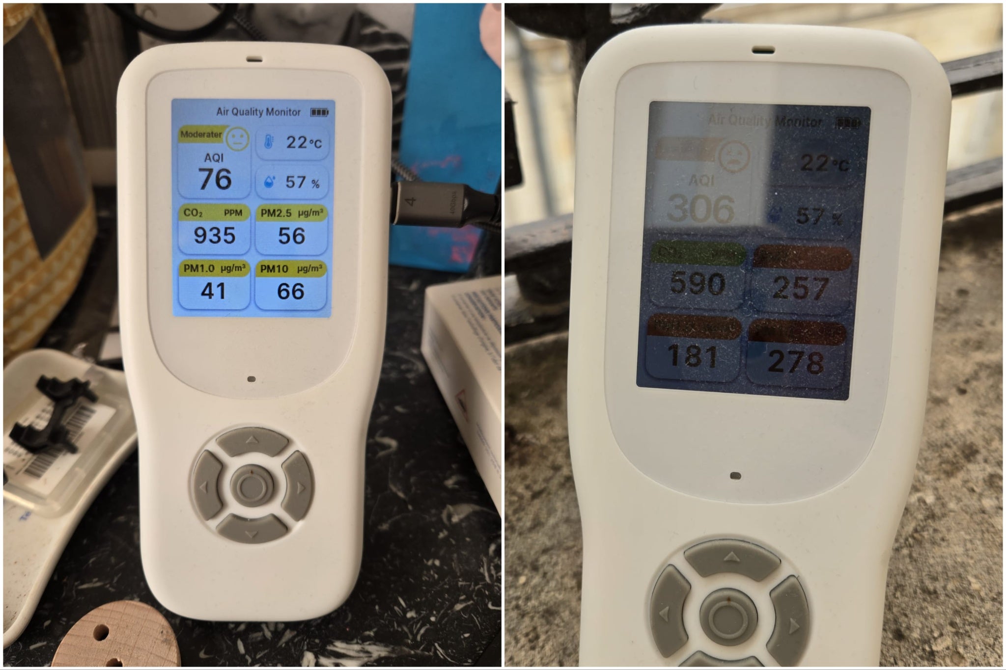 The air quality inside Ira's home (left) and outside (right)