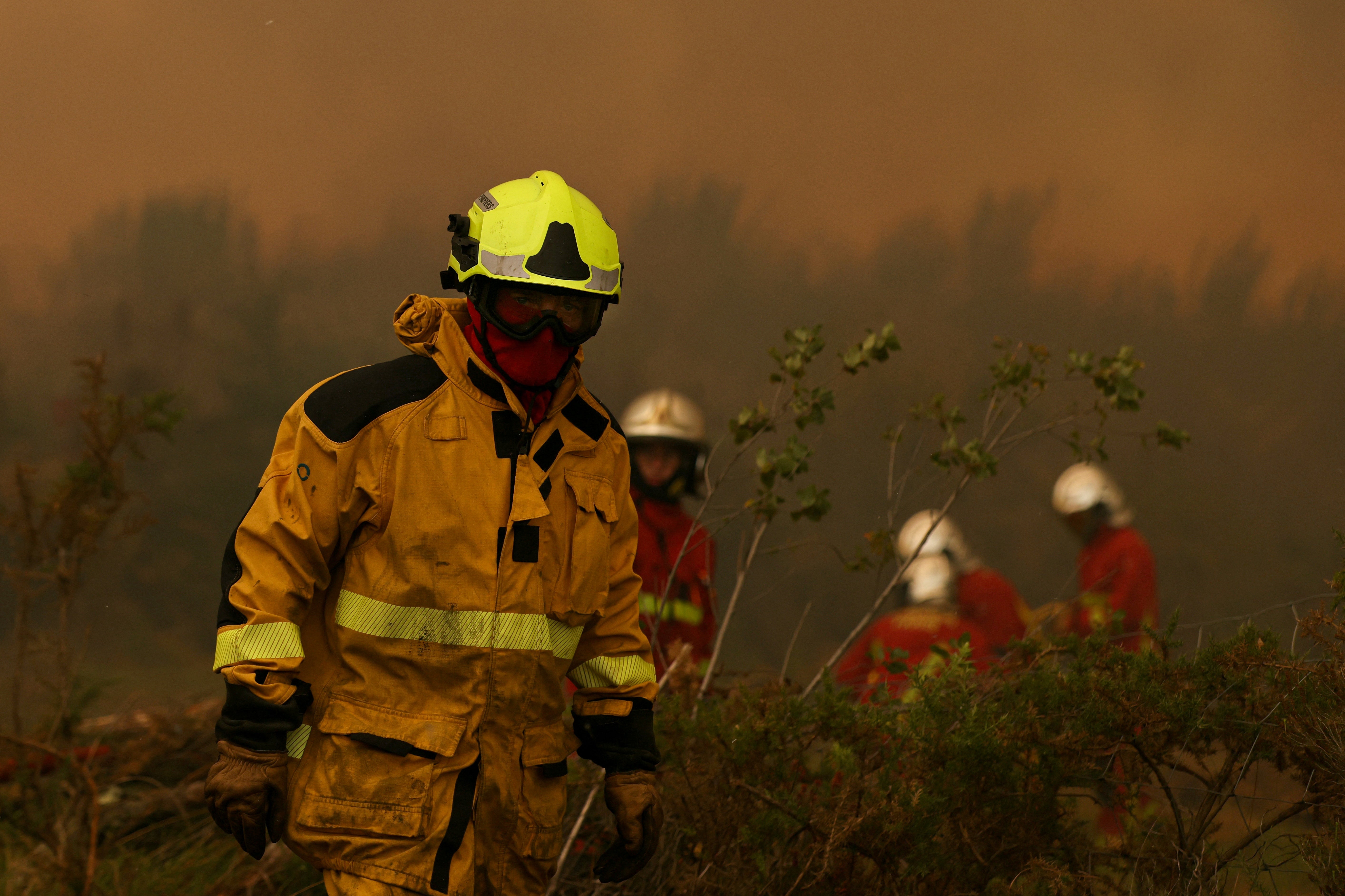 Firefighters work to extinguish a fire in Marcheprime, west of Bordeaux on July 26, 2026 as a wildfire has been ravaging the forest north of the Arcachon Basin (Gironde) since July 22. (AFP/Getty)