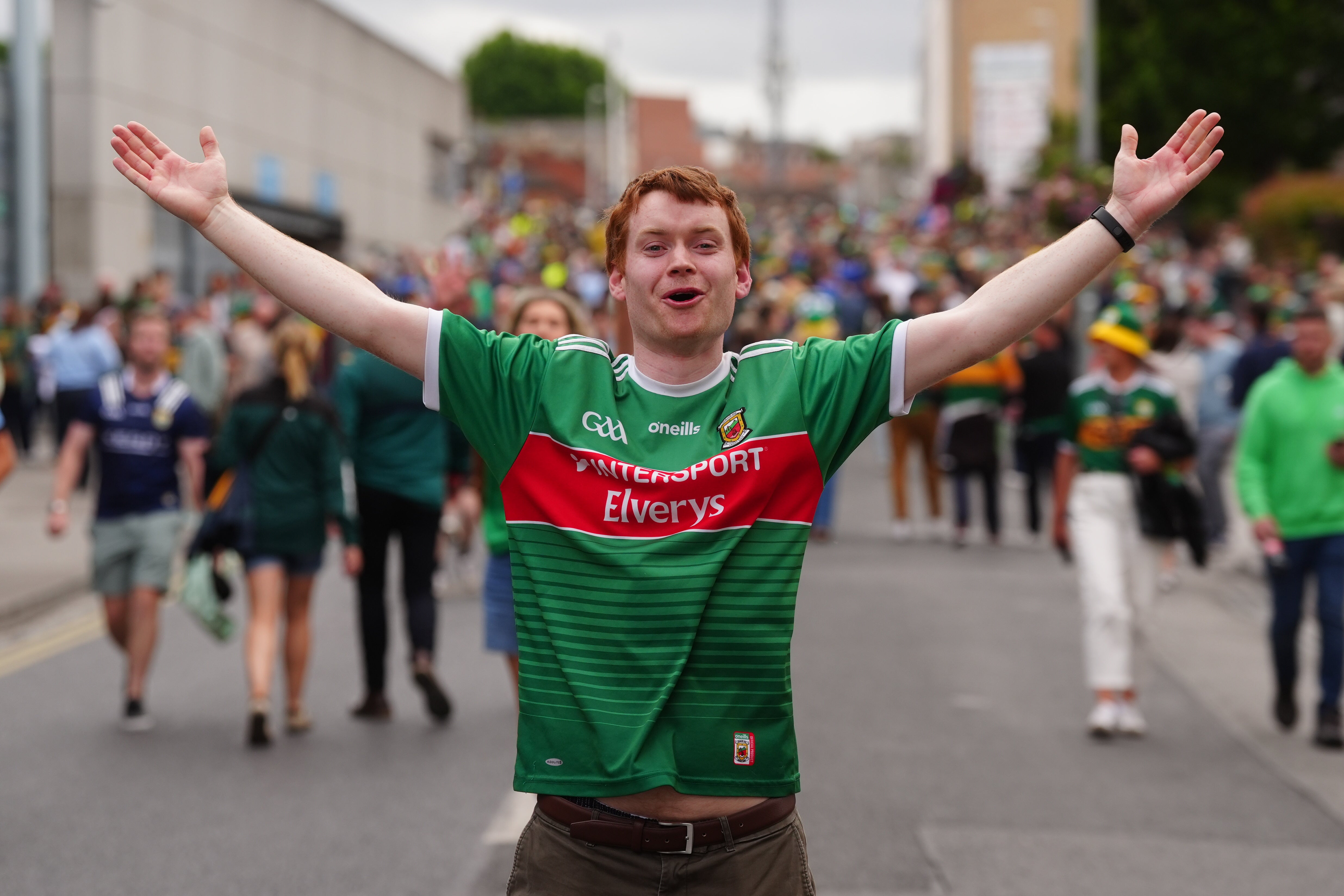 Patrick Devaney from Knock celebrates outside Croke Park stadium after Mayo beat Kerry in the All-Ireland Senior Football Championship final, the team's first win since 1951