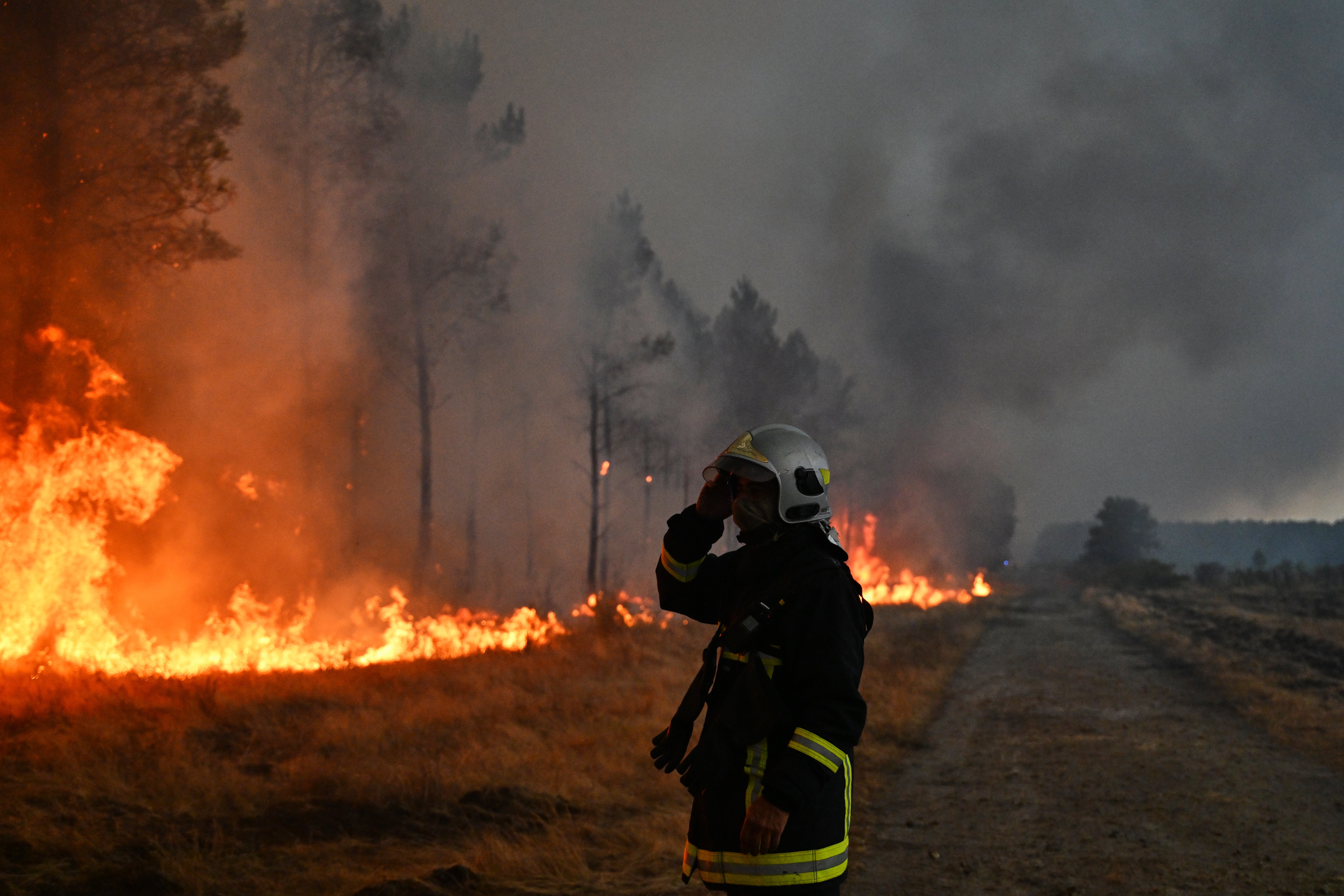 A firefighter gestures next to burning trees as a wildfire rages near Marcheprime, outside Bordeaux