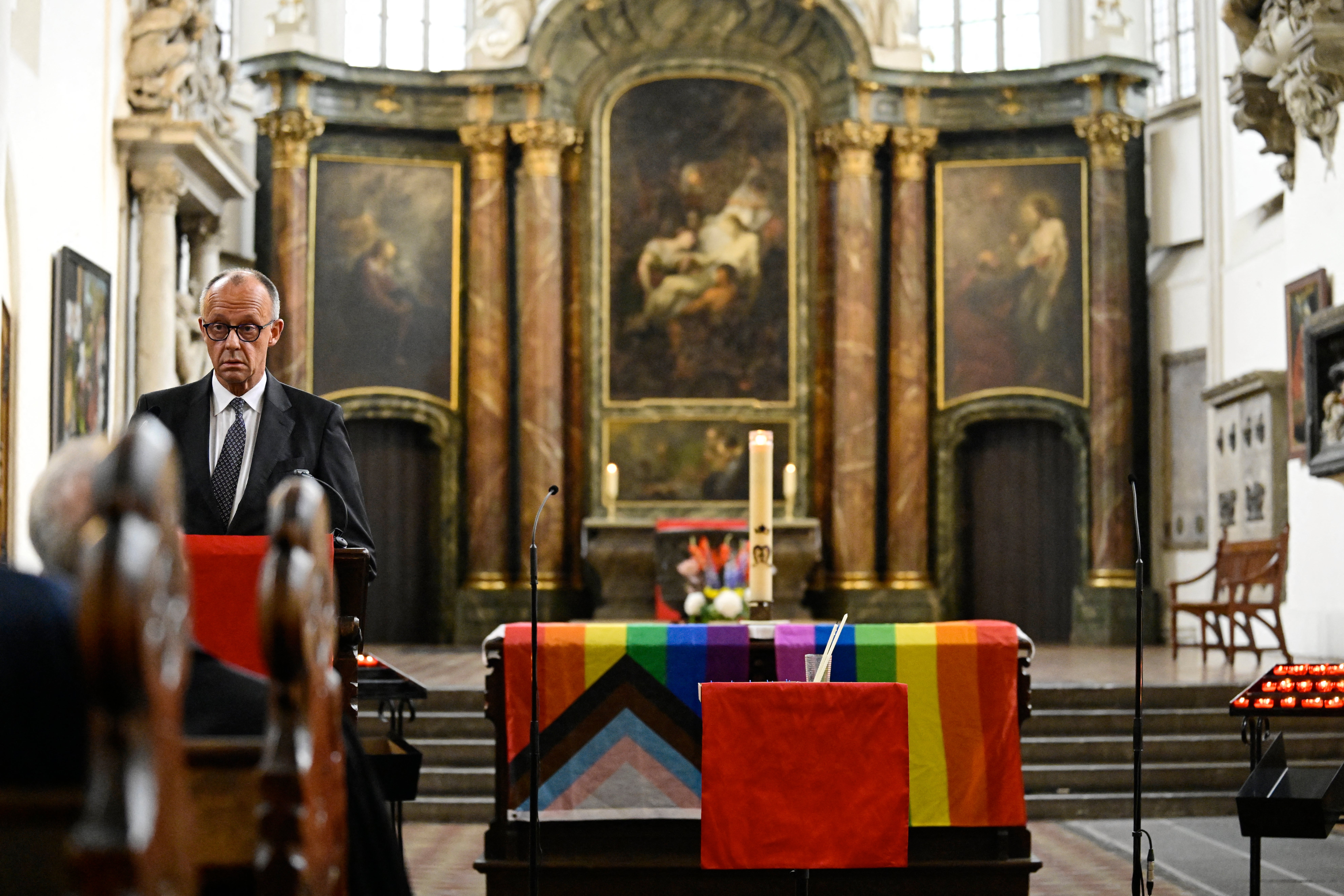 German Chancellor Friedrich Merz speaks during a mass on Sunday, after the attack,  at the Marienkirche church in Berlin (AFP/Getty)