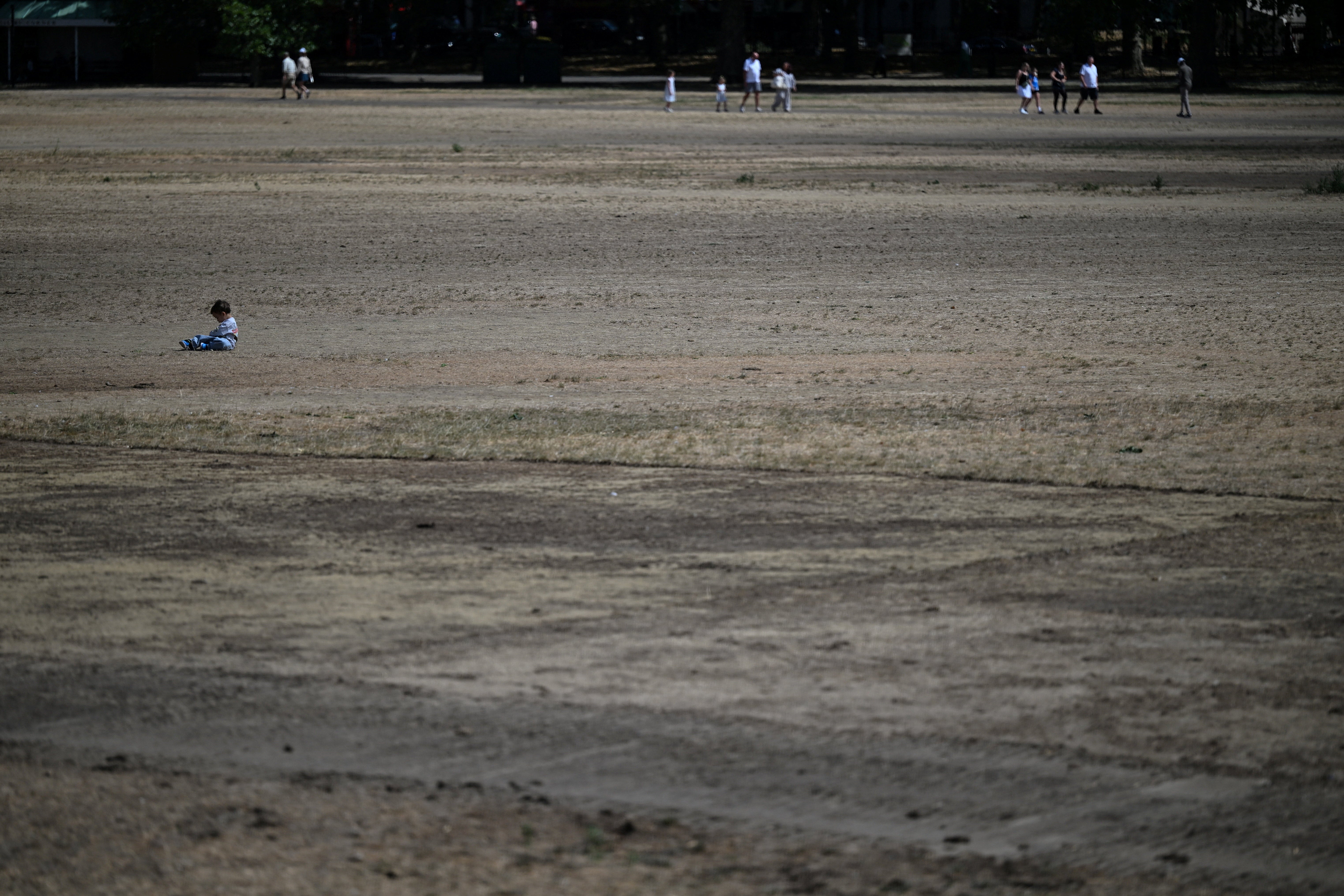 Grass at Hyde Park is scorched by the sun following consecutive heatwaves in London