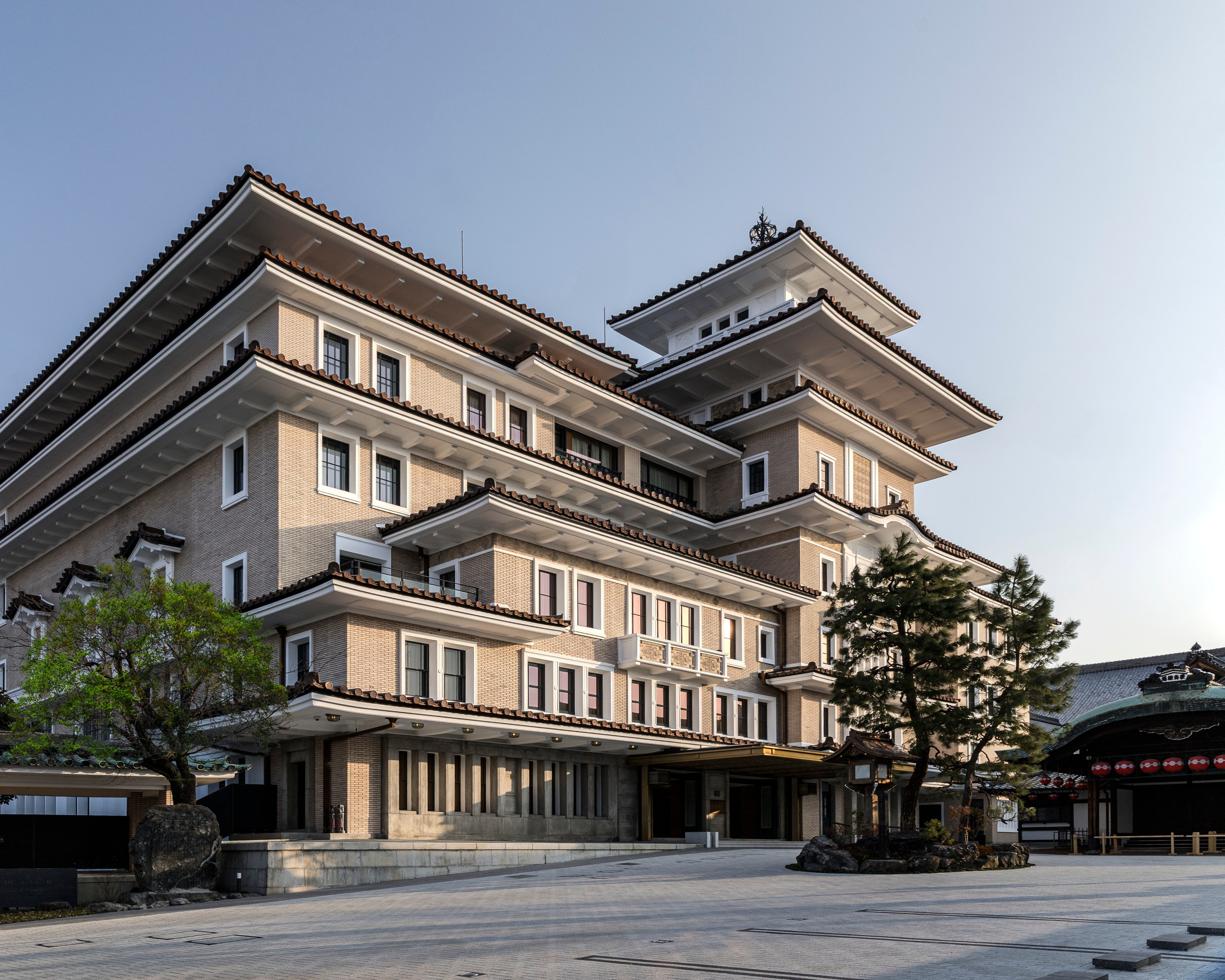 The Imperial Hotel has a grand tiered, pagoda-like facade