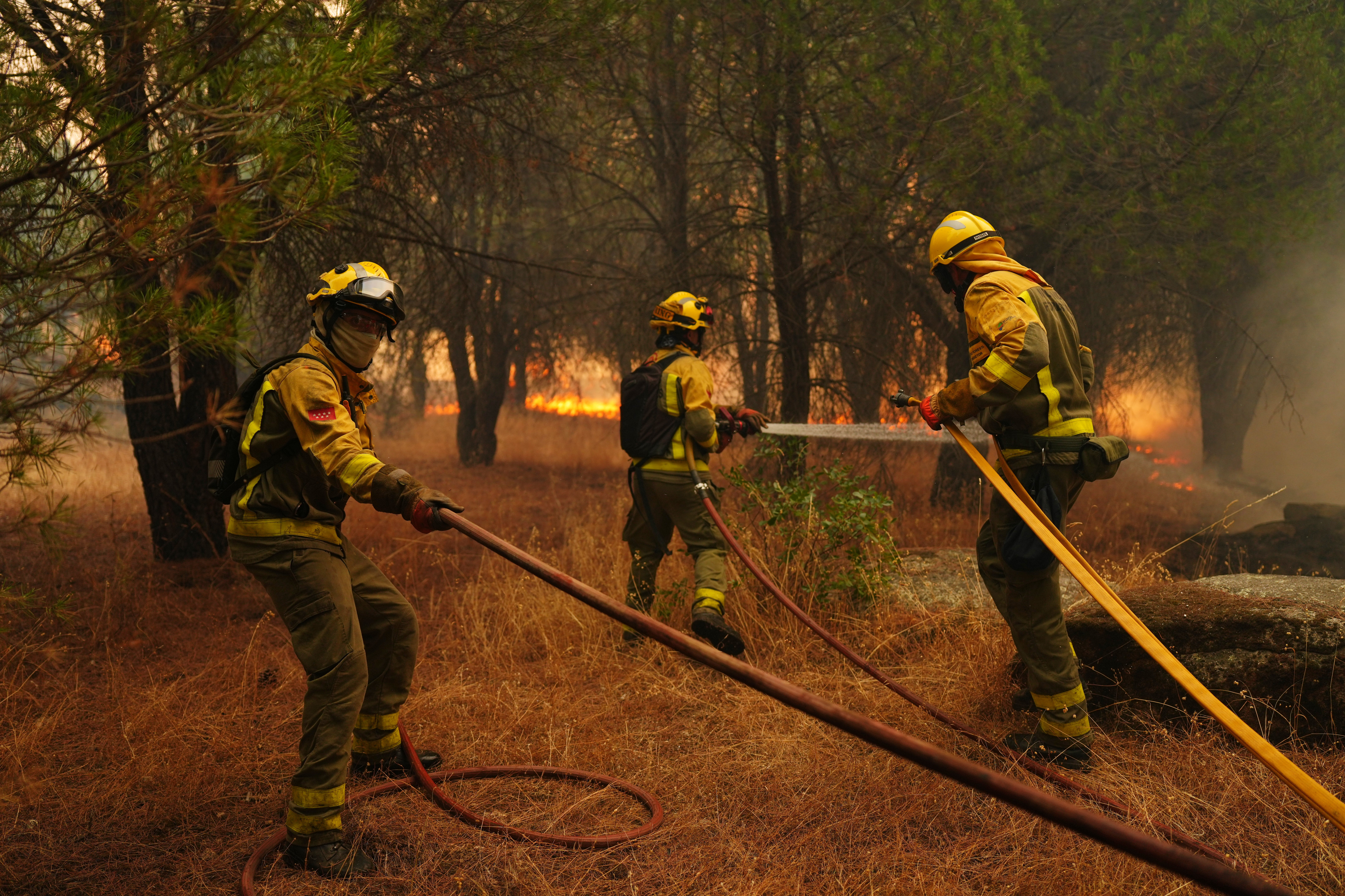 Firefighters battle a wildfire in San Martin de Valdeiglesias, Spain (AP)