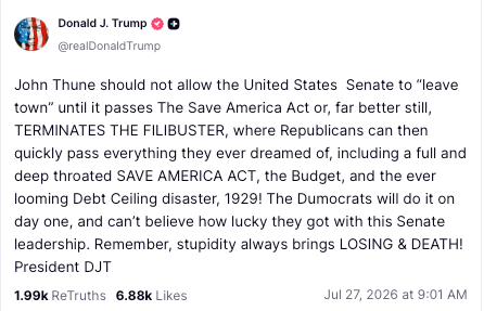 Trump is demanding the Senate change its' rules to pass a bill that would restrict voting nationwide