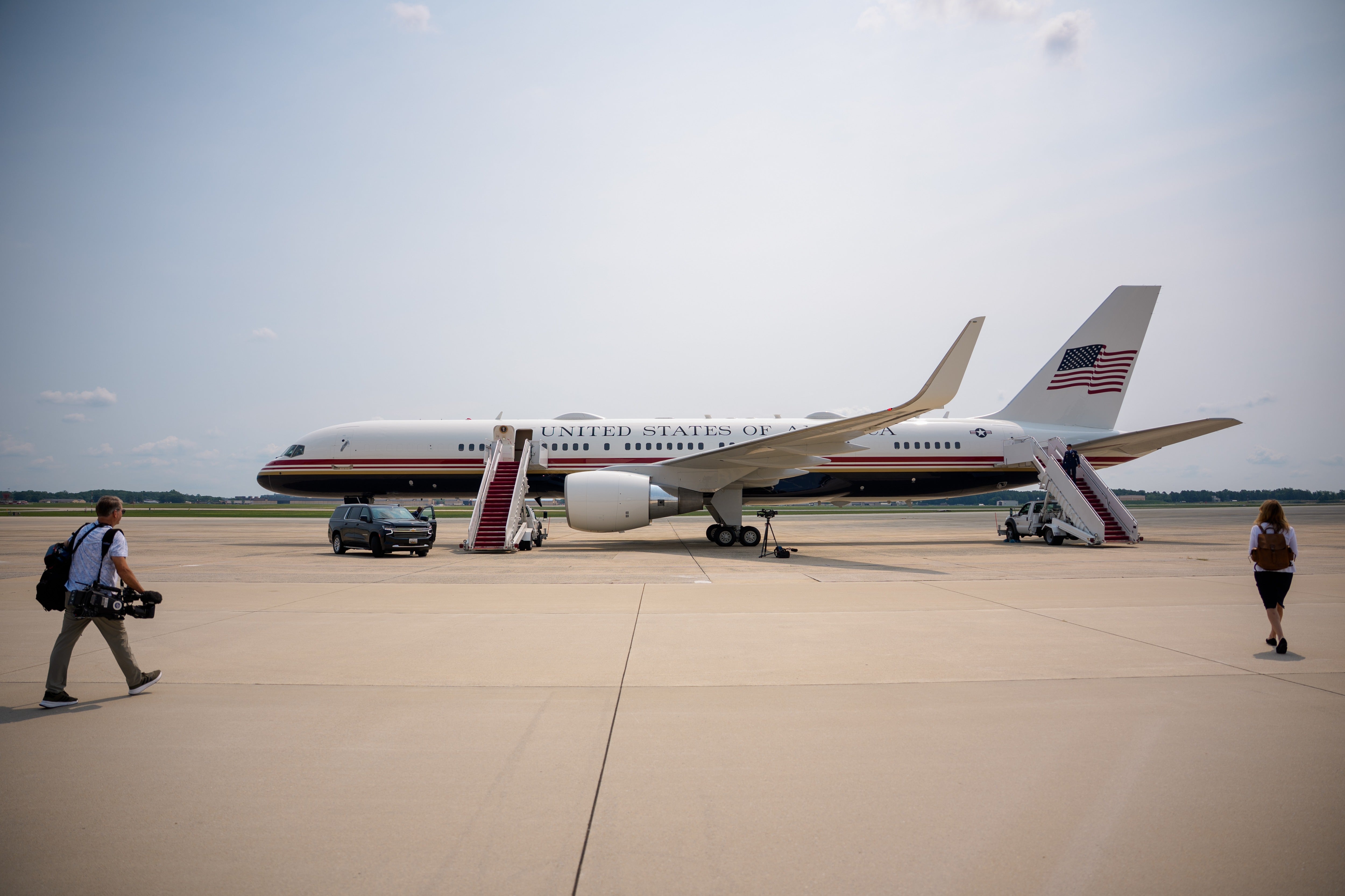 Air Force One is visible on the tarmac before U.S. President Donald Trump arrives for a trip to Michigan on July 27, 2026 in Joint Base Andrews, Maryland. Trump is scheduled to tour General Motors' Milford Proving Ground while in Michigan