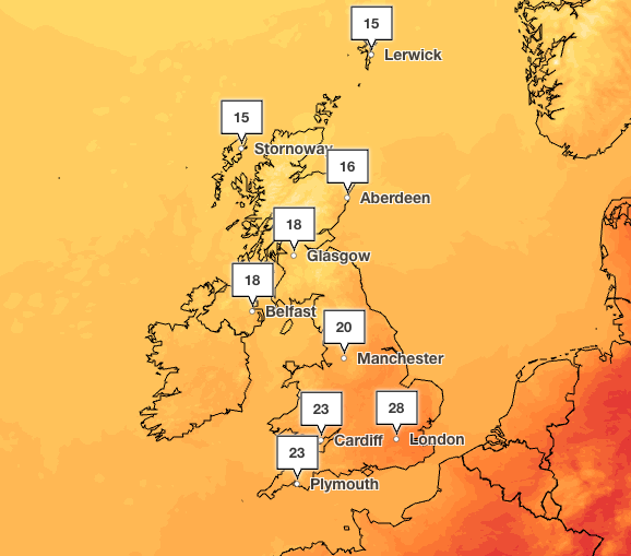 Thursday will also see highs of 28 degrees in the South while the north of England remains cooler