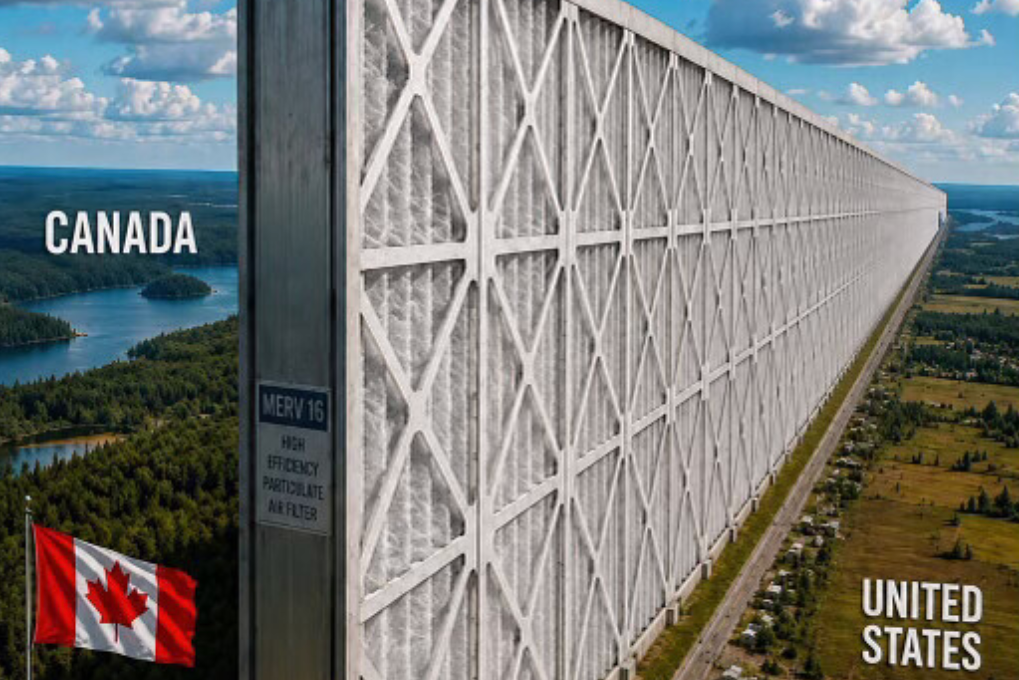 The president shared an AI-generated image of a wall dividing Canada and the US during his Truth Social blitz (@realDonaldTrump/Truth Social)