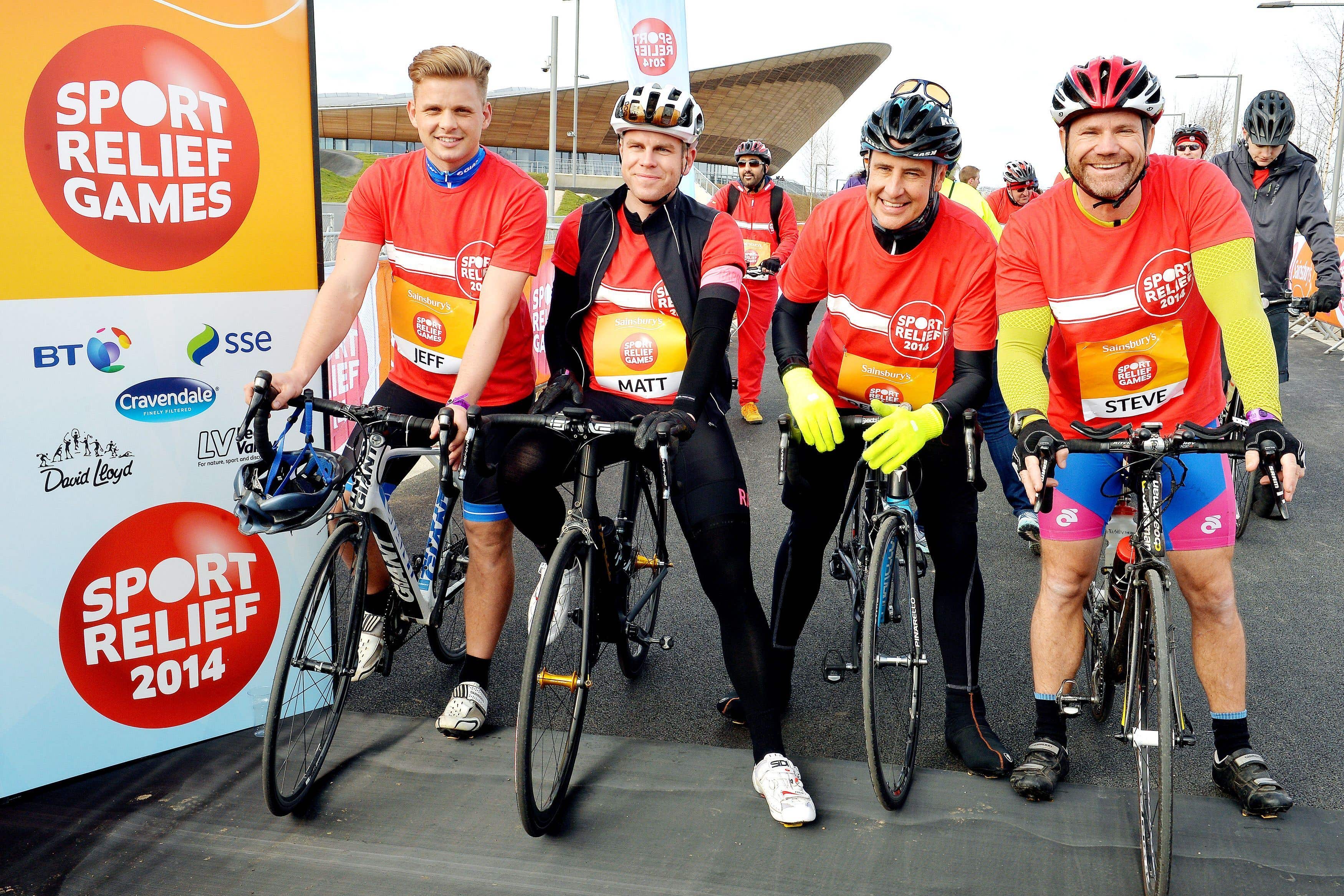 (left to right) Jeff Brazier, Matt Barbet, Dermot Murnaghan and Steve Backshall on a charity bike ride (John Stillwell/PA) (PA Archive)