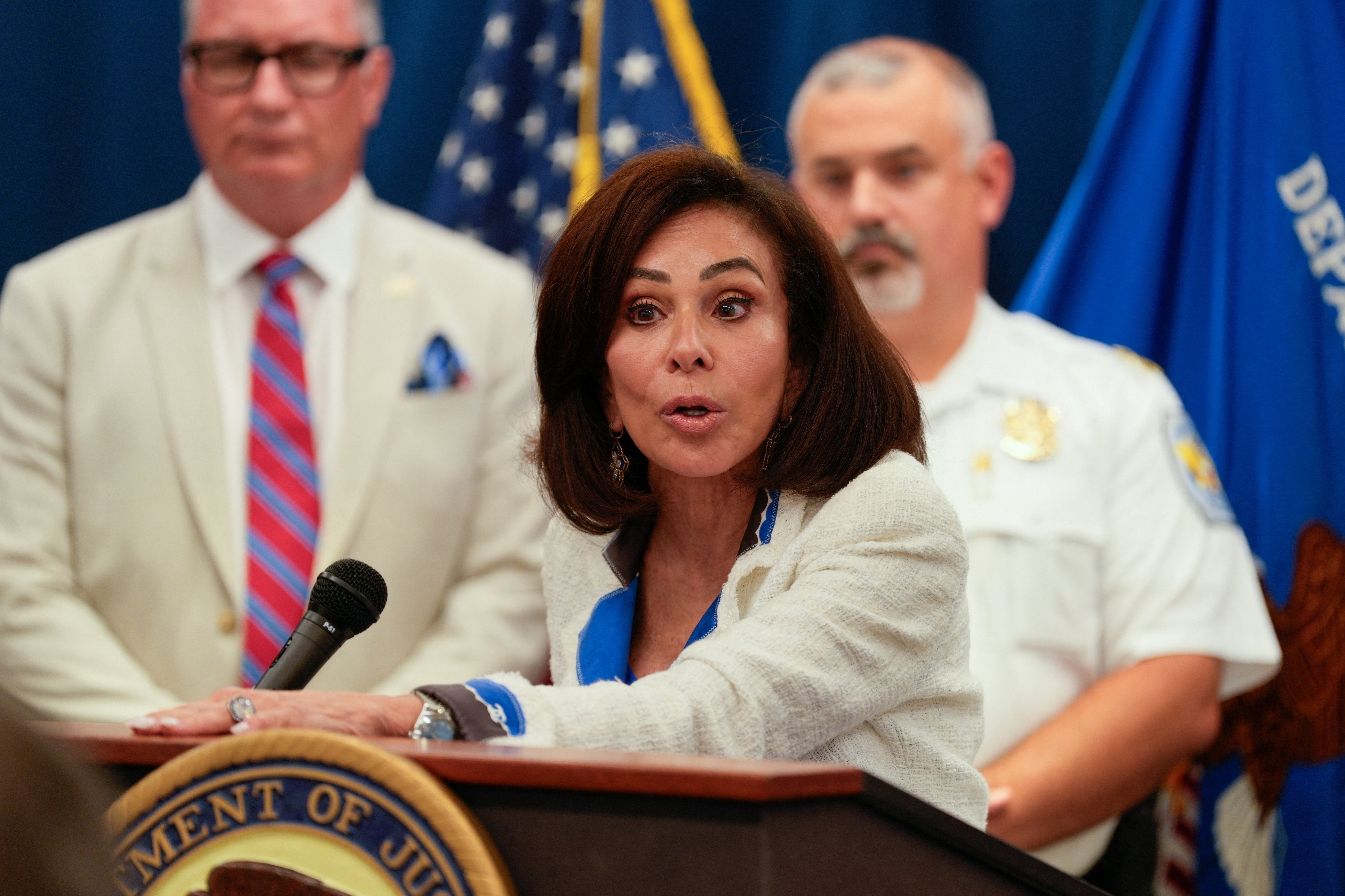 U.S. Attorney Jeanine Pirro discusses charges related to vandalism of the Lincoln Memorial Reflecting Pool during a press conference