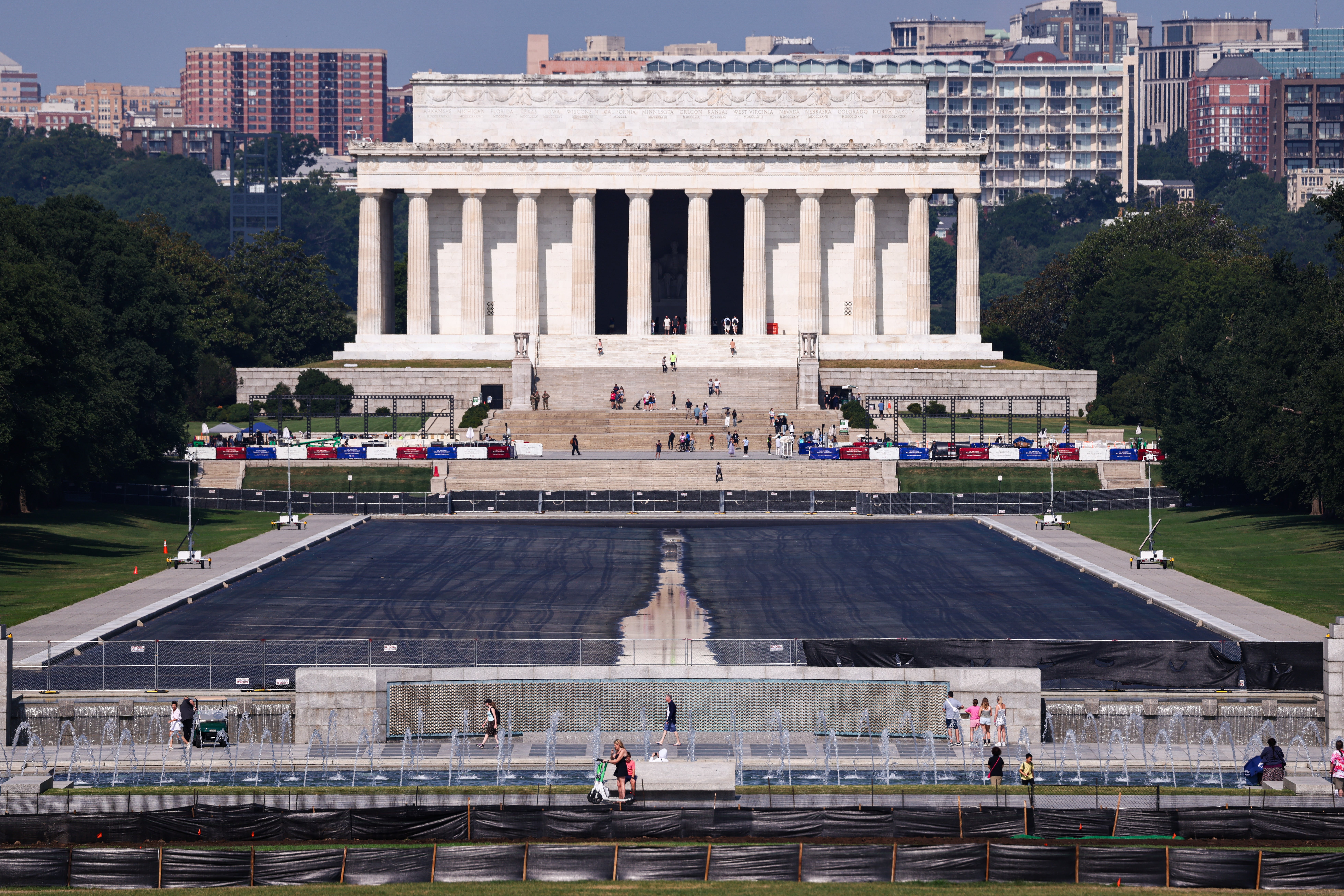 A view of the Lincoln Memorial as the Reflecting Pool is drained on the National Mall on July 22