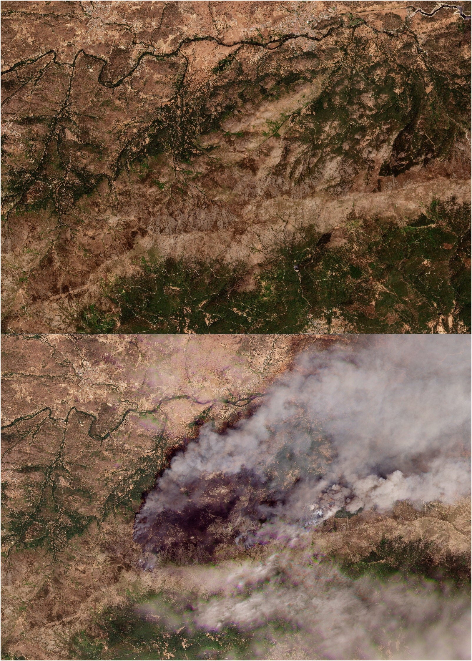 A combination picture shows satellite imagery of an area near Navaluenga, in Avila, Castile And Leon, Spain, before it was affected by a wildfire (top), 17 July 2026, and smoke rising from the area as a wildfire burns (bottom), 23 July 2026