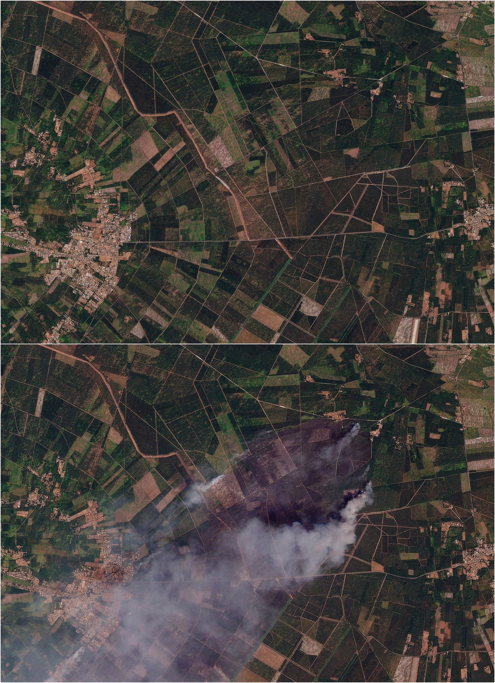 A combination picture shows satellite imagery of an area near Le Porge, in Nouvelle-Aquitaine, France, before it was affected by a wildfire